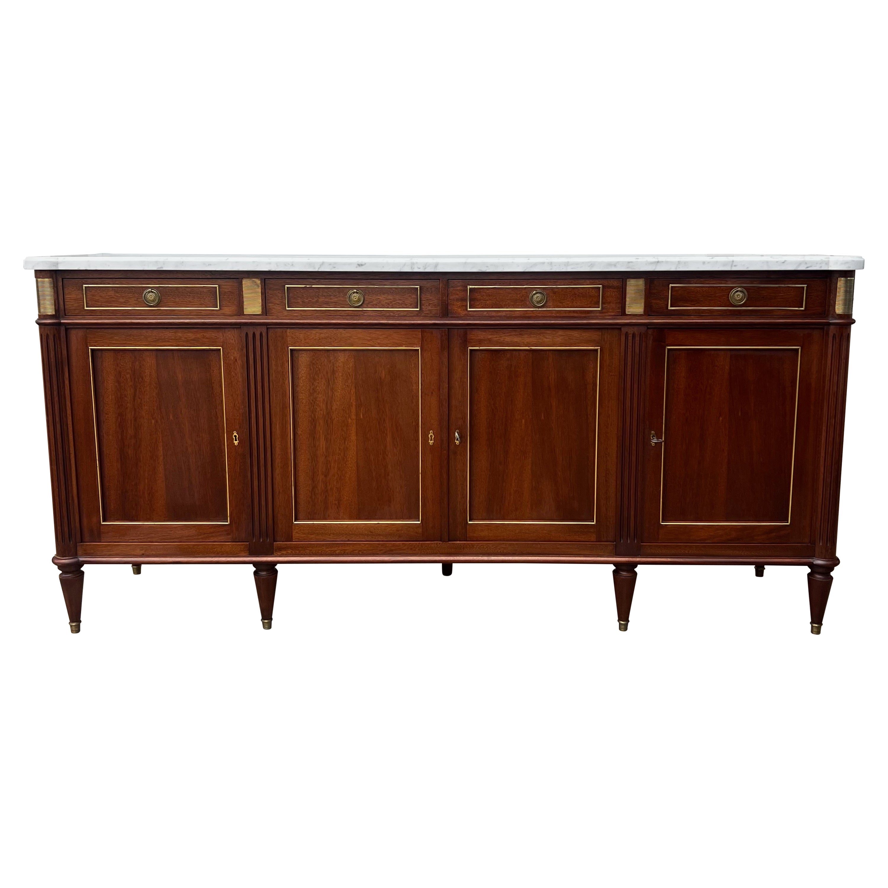 French 19th Century Louis XVI Carrara Marble Top Mahogany Sideboard For Sale