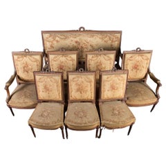 French 19th Century Louis XVI Carved Salon Set with Original Aubusson Tapestry