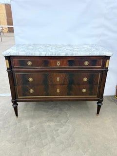 French 19th Century Louis XVI Flame Mahogany Carrara Marble Top Chest / Commode