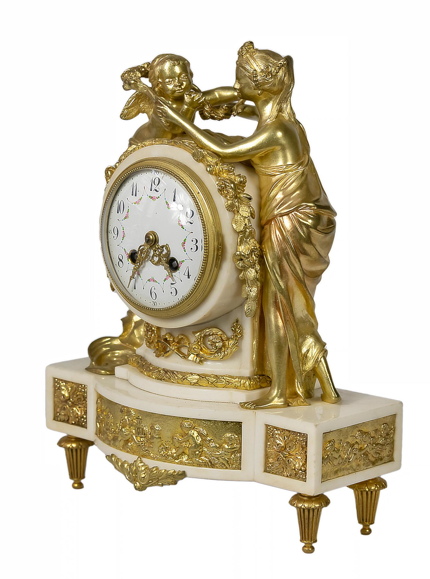 Gilt French 19th Century Louis XVI Gilded Bronze and Marble Mantel Clock For Sale