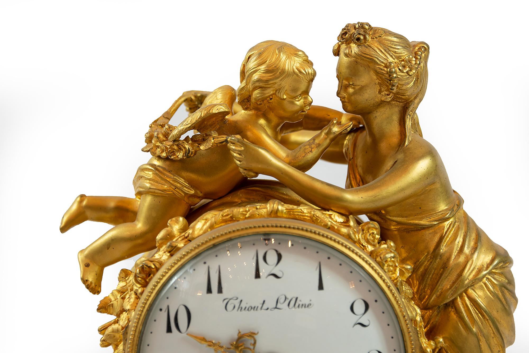 Gilt French 19th Century Louis XVI Gilded Bronze and Marble Mantel Clock