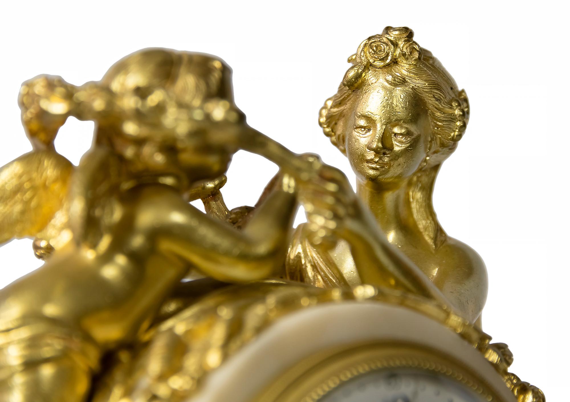 French 19th Century Louis XVI Gilded Bronze and Marble Mantel Clock For Sale 3