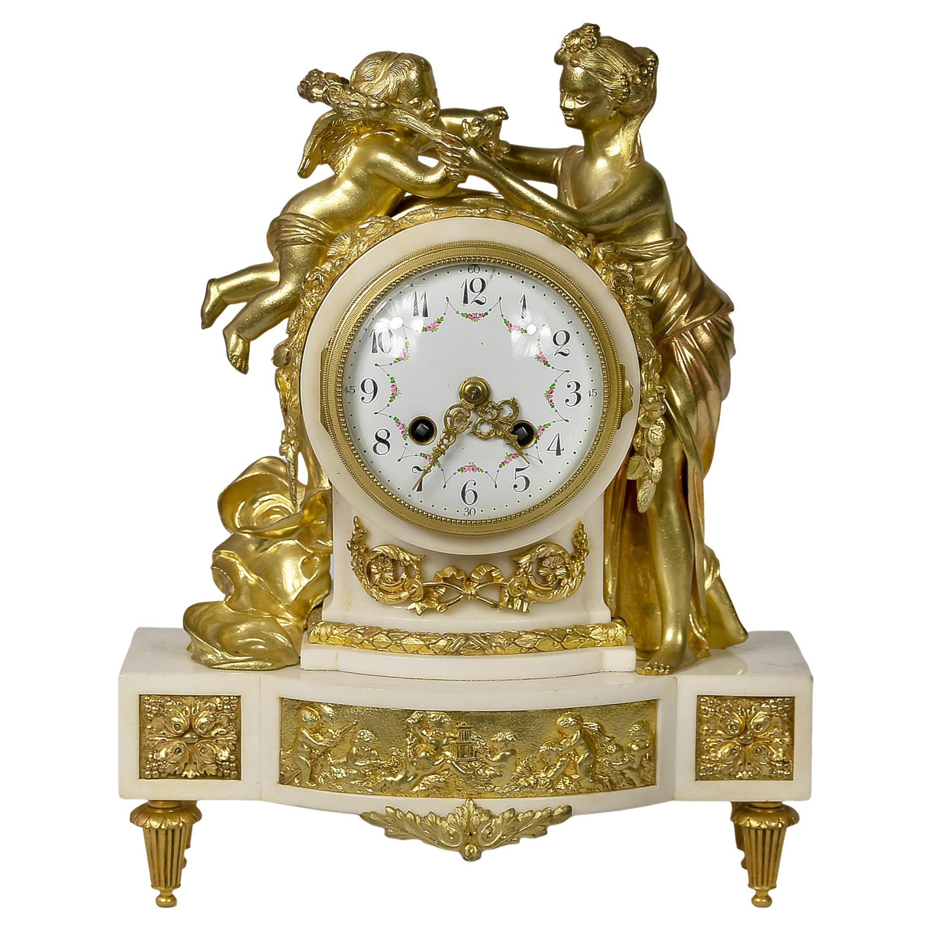 French 19th Century Louis XVI Gilded Bronze and Marble Mantel Clock