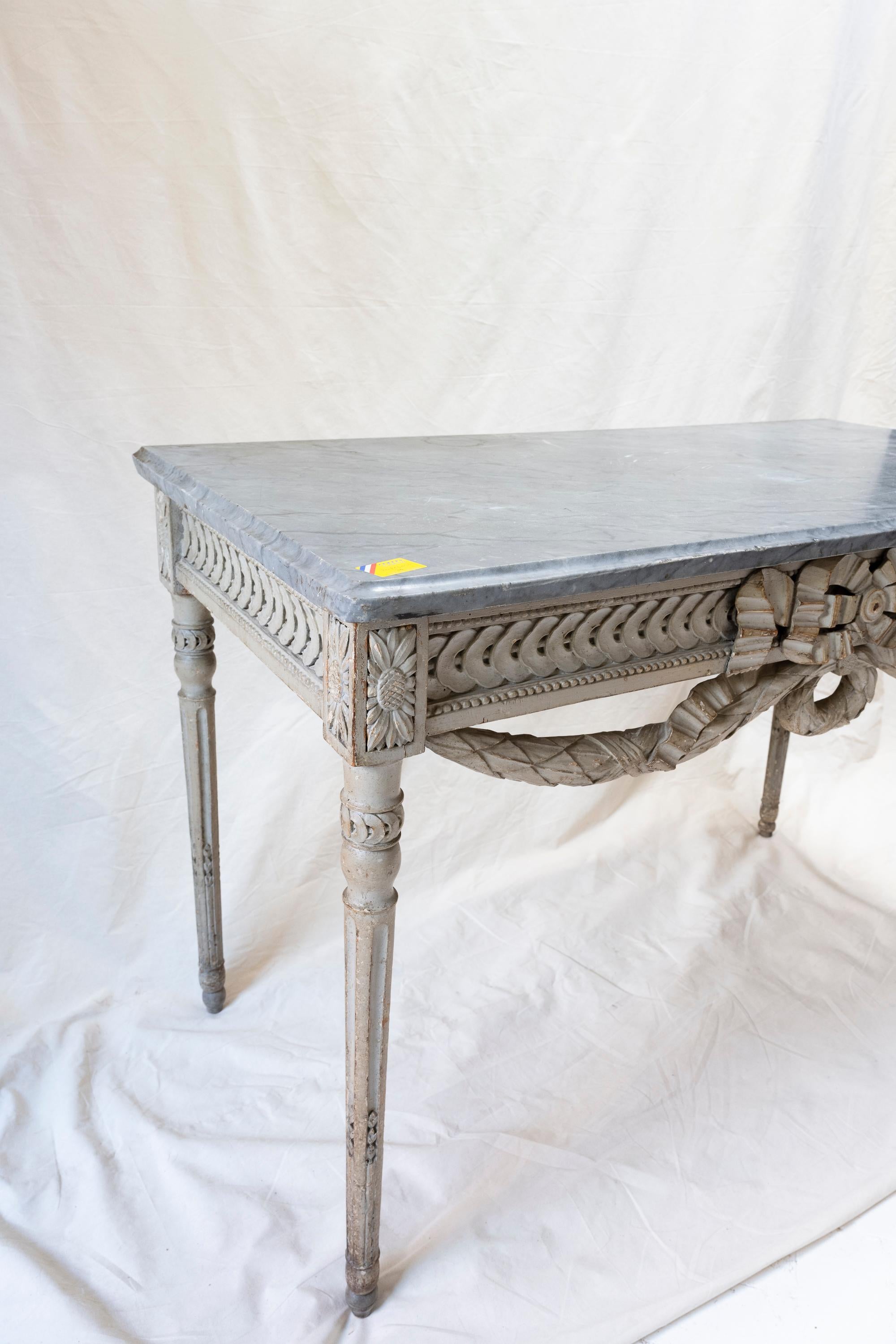 Mid-19th Century French 19th Century Louis XVI Gray Lacquered Marble Top Console Table For Sale
