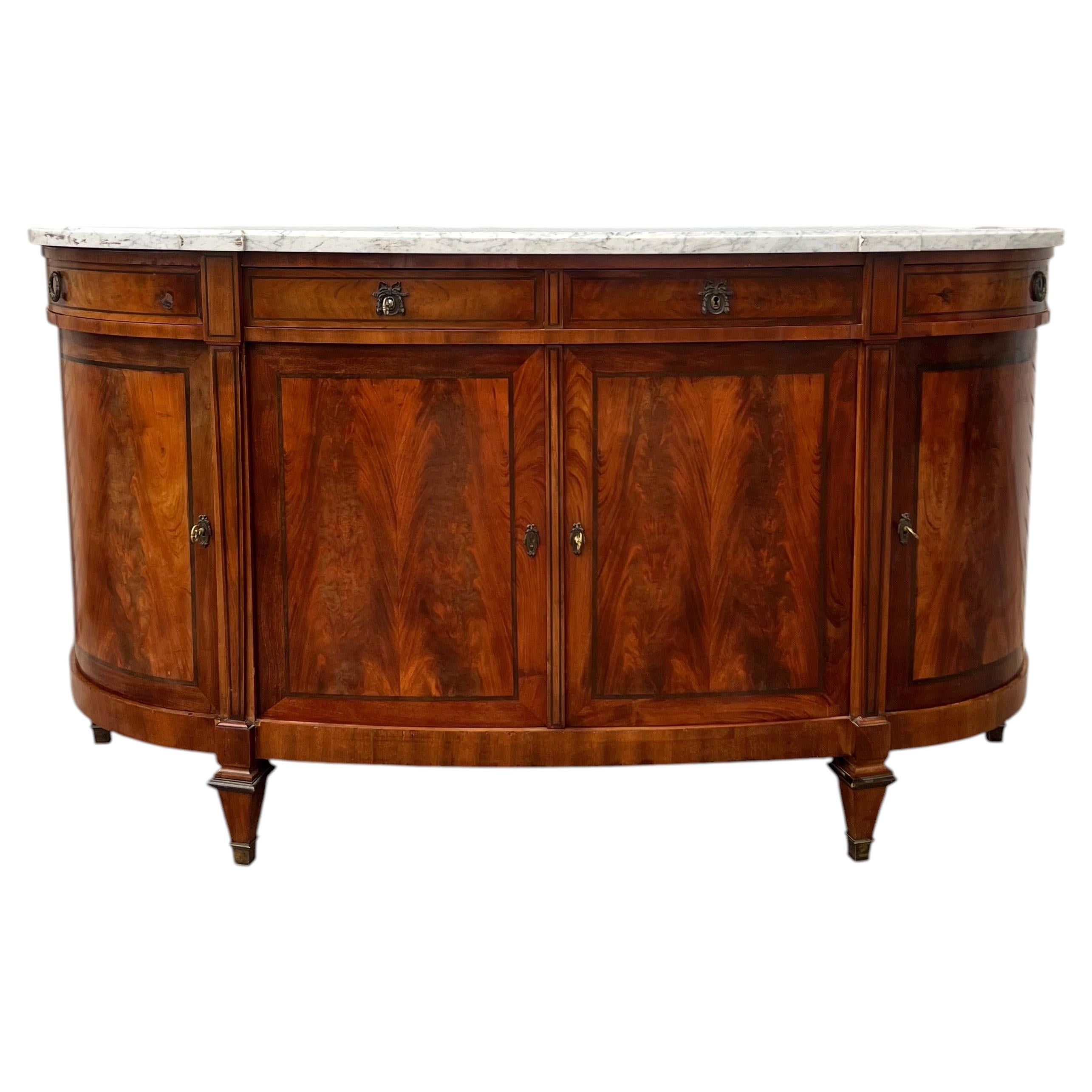 French 19th Century Louis XVI Mahogany Carrara Marble Top Demilune Sideboard