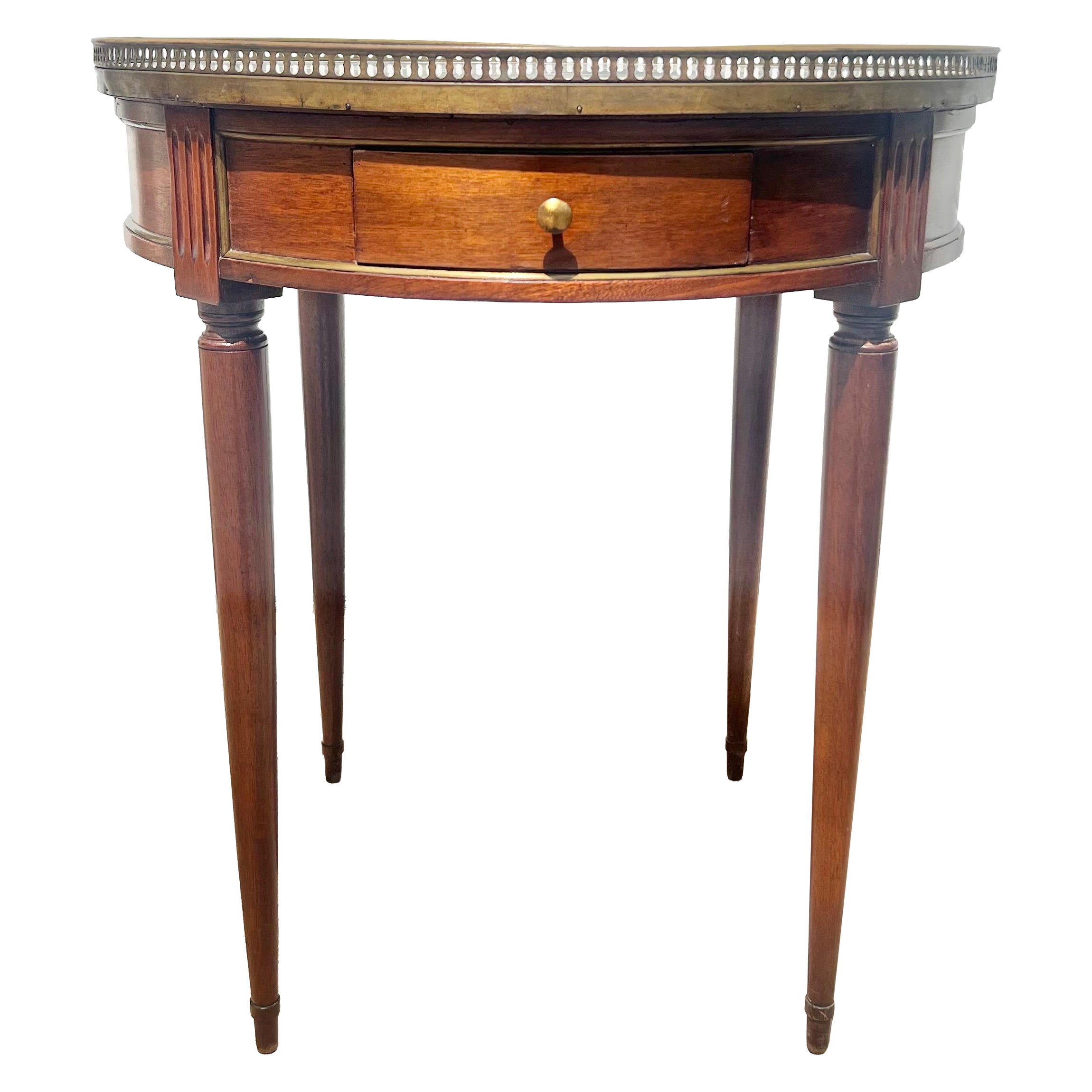 Table d'appoint ronde française du XIXe siècle, de style Louis XVI, en acajou, avec plateau en marbre « bouillotte »