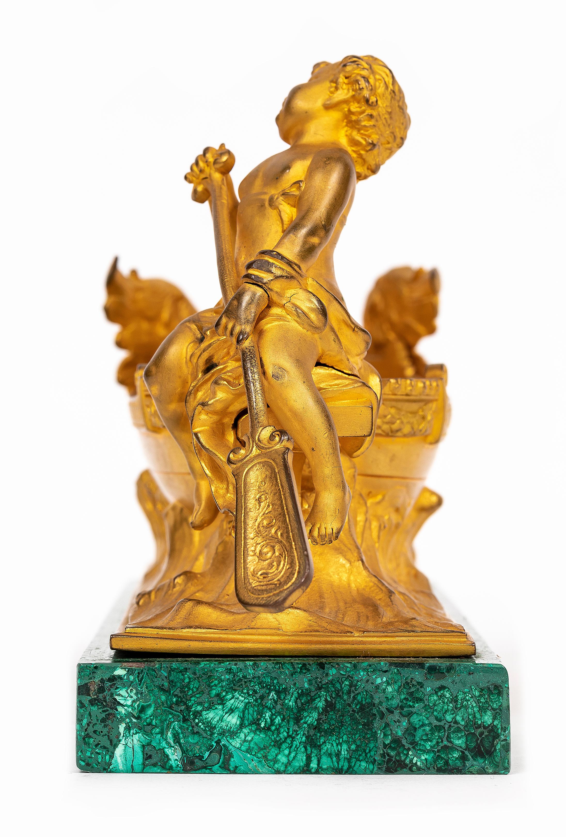Französisch 19. Jahrhundert Louis XVI Ormolu und Malachit Centerpiece w / Cherub + Swan (Spätes 19. Jahrhundert) im Angebot