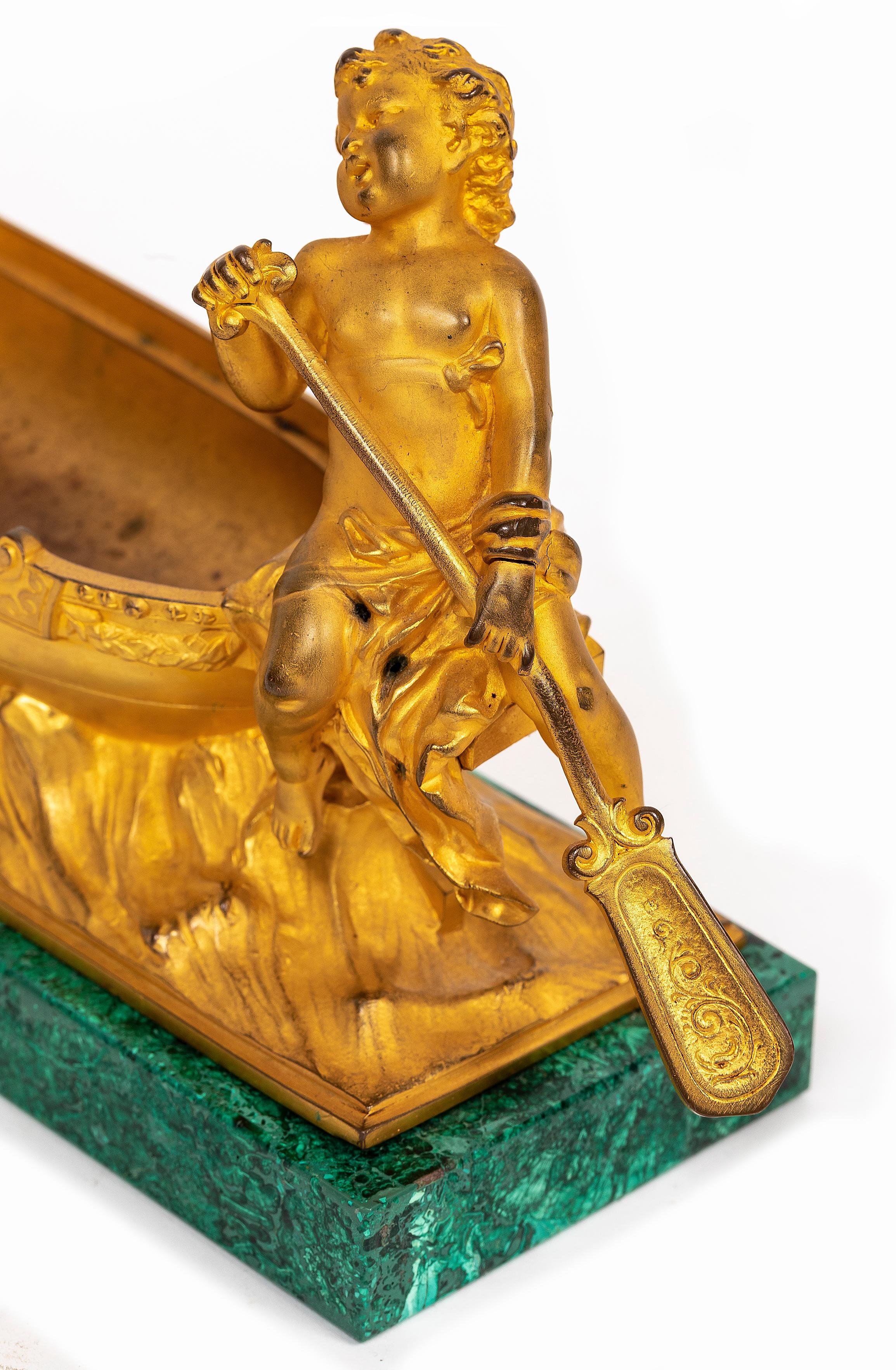 Französisch 19. Jahrhundert Louis XVI Ormolu und Malachit Centerpiece w / Cherub + Swan im Angebot 2