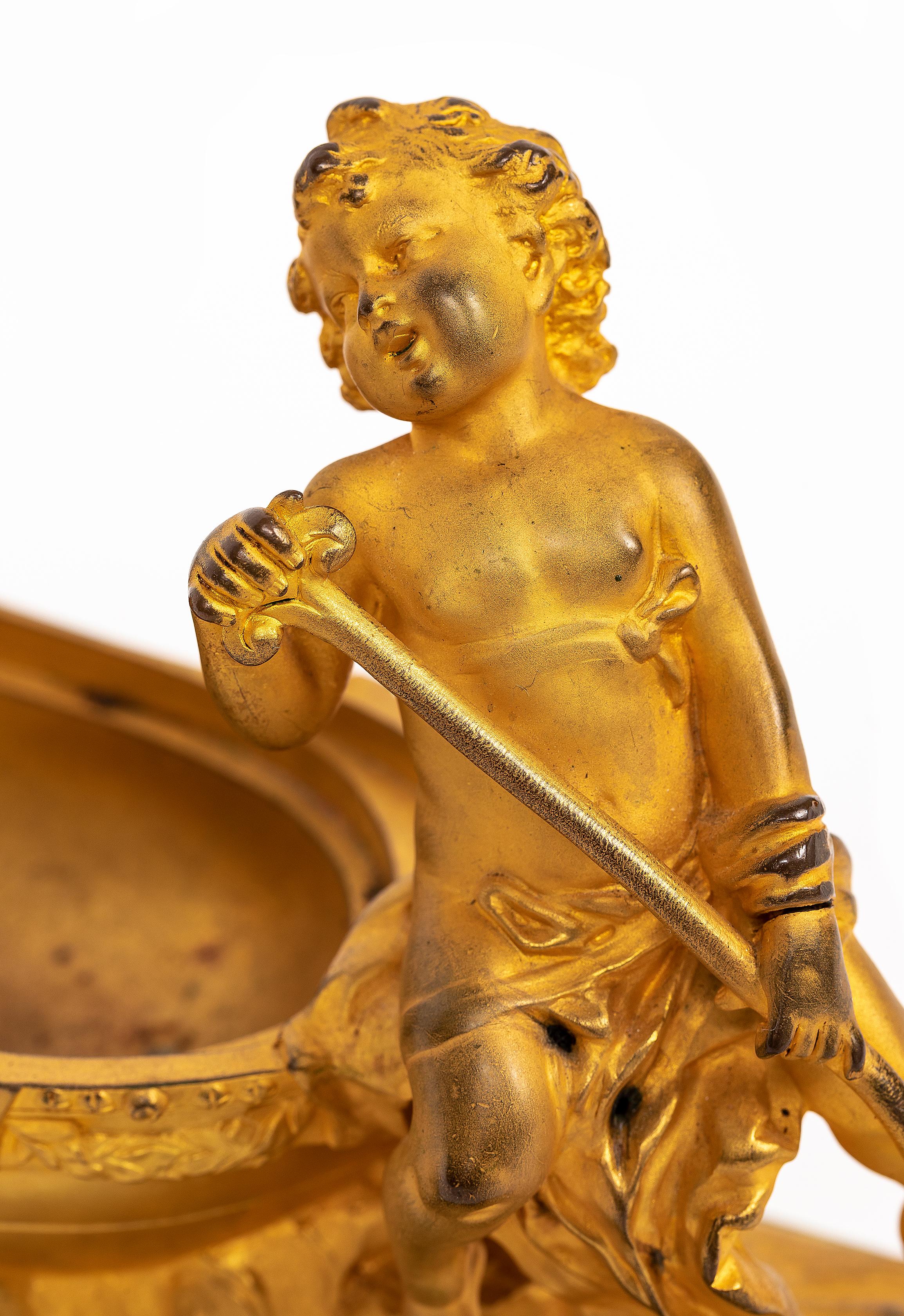 Französisch 19. Jahrhundert Louis XVI Ormolu und Malachit Centerpiece w / Cherub + Swan im Angebot 3