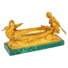 French 19th Century Louis XVI Ormolu and Malachite Centerpiece w/ Cherub + Swan