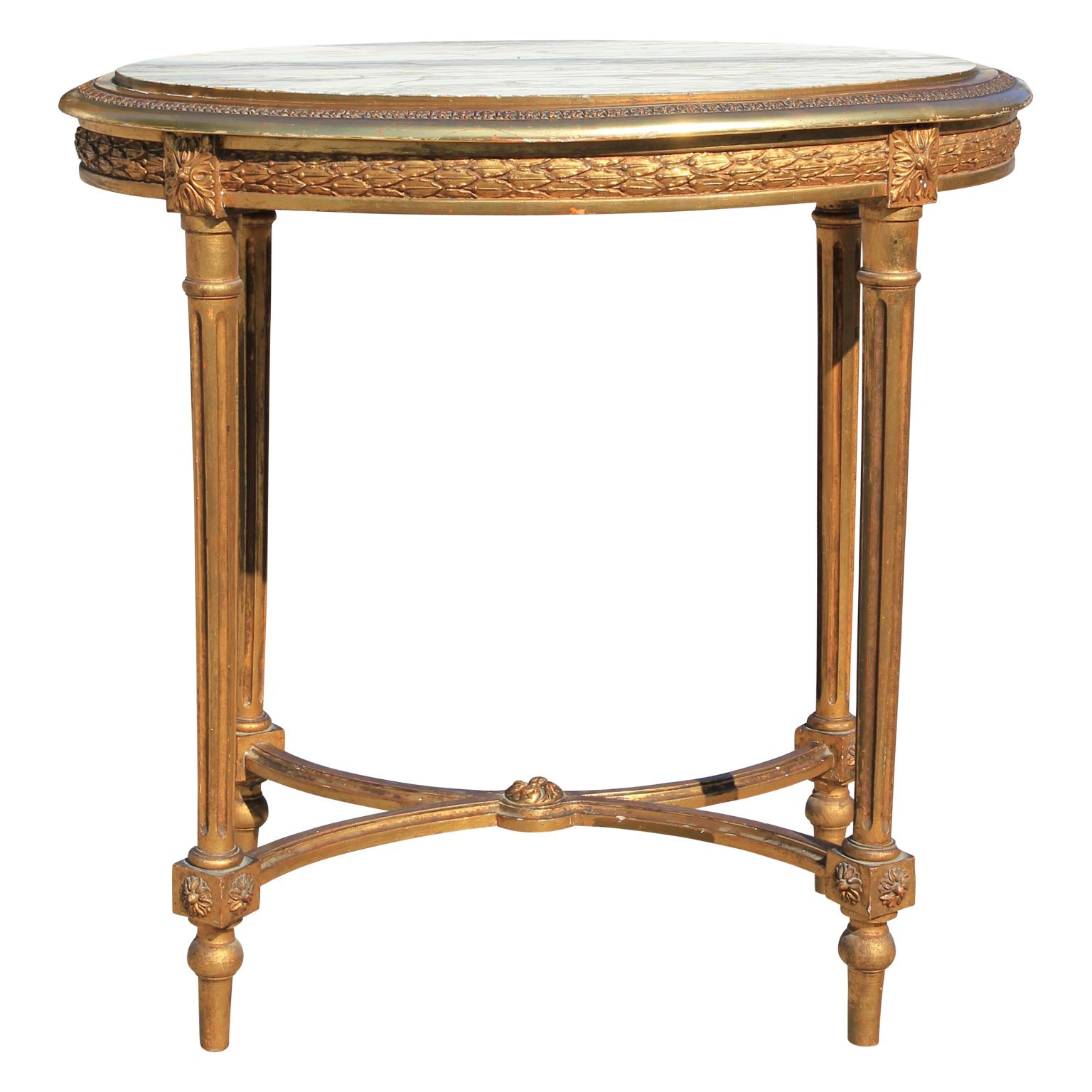 Breccia Marble French 19th Century Louis XVI Oval Gold Gilt Table with Marble Top