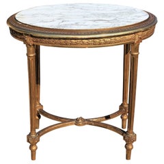 French 19th Century Louis XVI Oval Gold Gilt Table with Marble Top