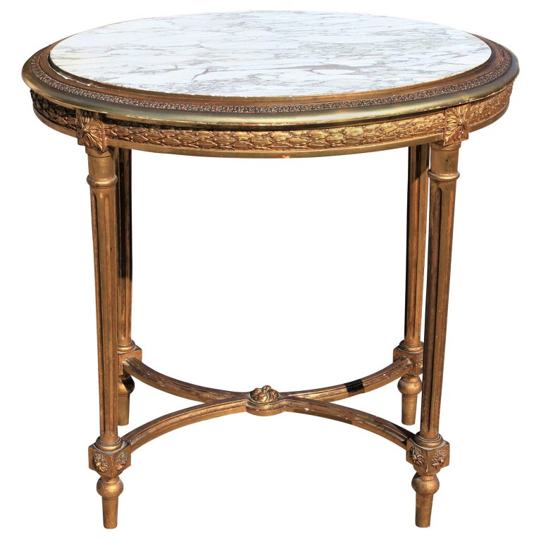 French 19th Century Louis XVI Oval Gold Gilt Table with Marble Top at