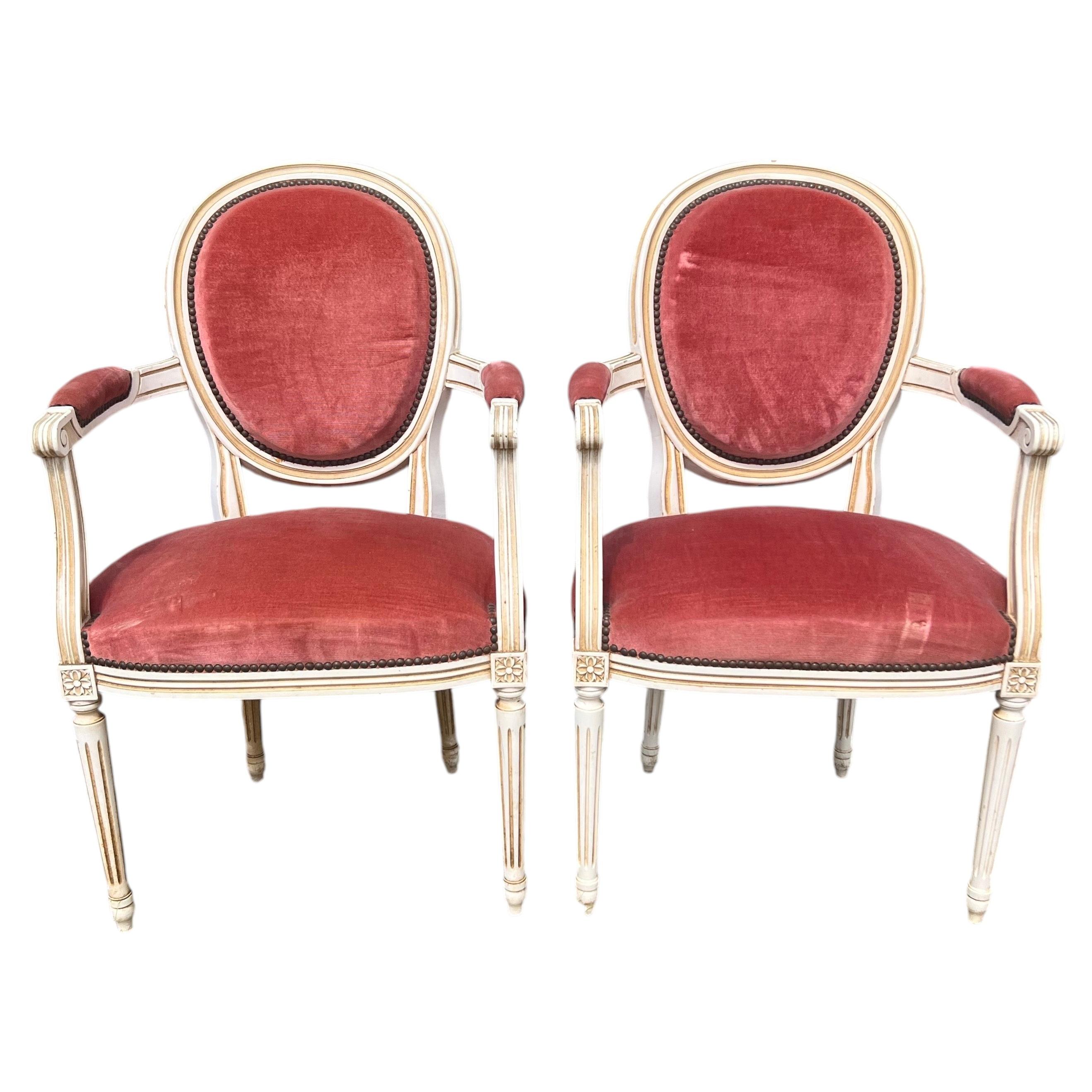 French 19th Century Louis XVI Painted Walnut Arm Chairs - Set of 2