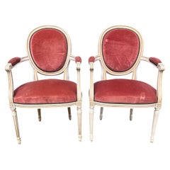 French 19th Century Louis XVI Painted Walnut Arm Chairs - Set of 2