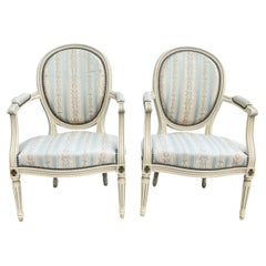 French 19th Century Louis XVI Painted Walnut Arm Chairs - Set of 2