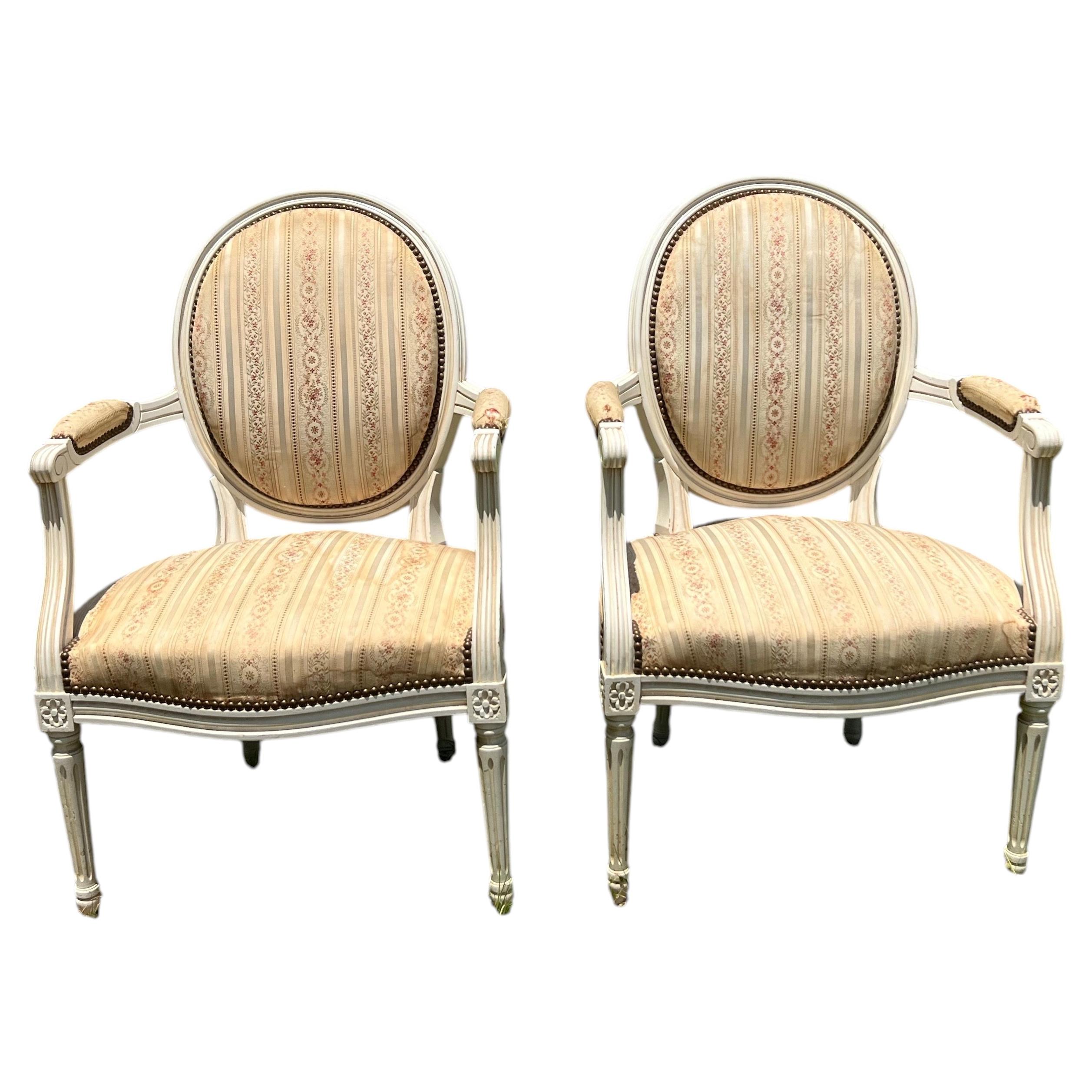 French 19th Century Louis XVI Painted Walnut Arm Chairs - Set of 2