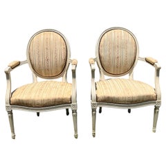 French 19th Century Louis XVI Painted Walnut Arm Chairs - Set of 2