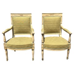 French 19th Century Louis XVI Painted Walnut Arm Chairs - Set of 2