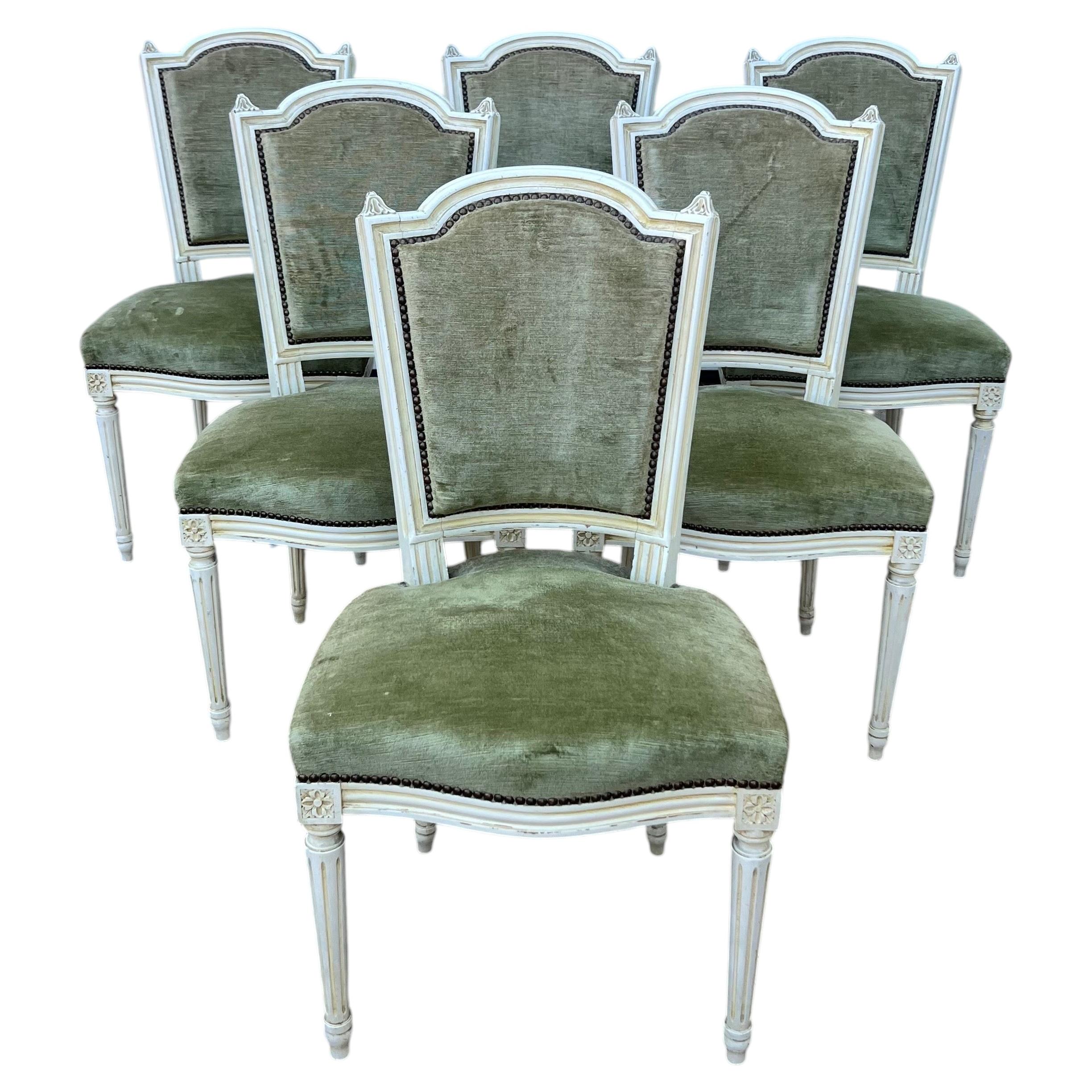 French 19th Century Louis XVI Painted Walnut Dining Chairs - Set of 6