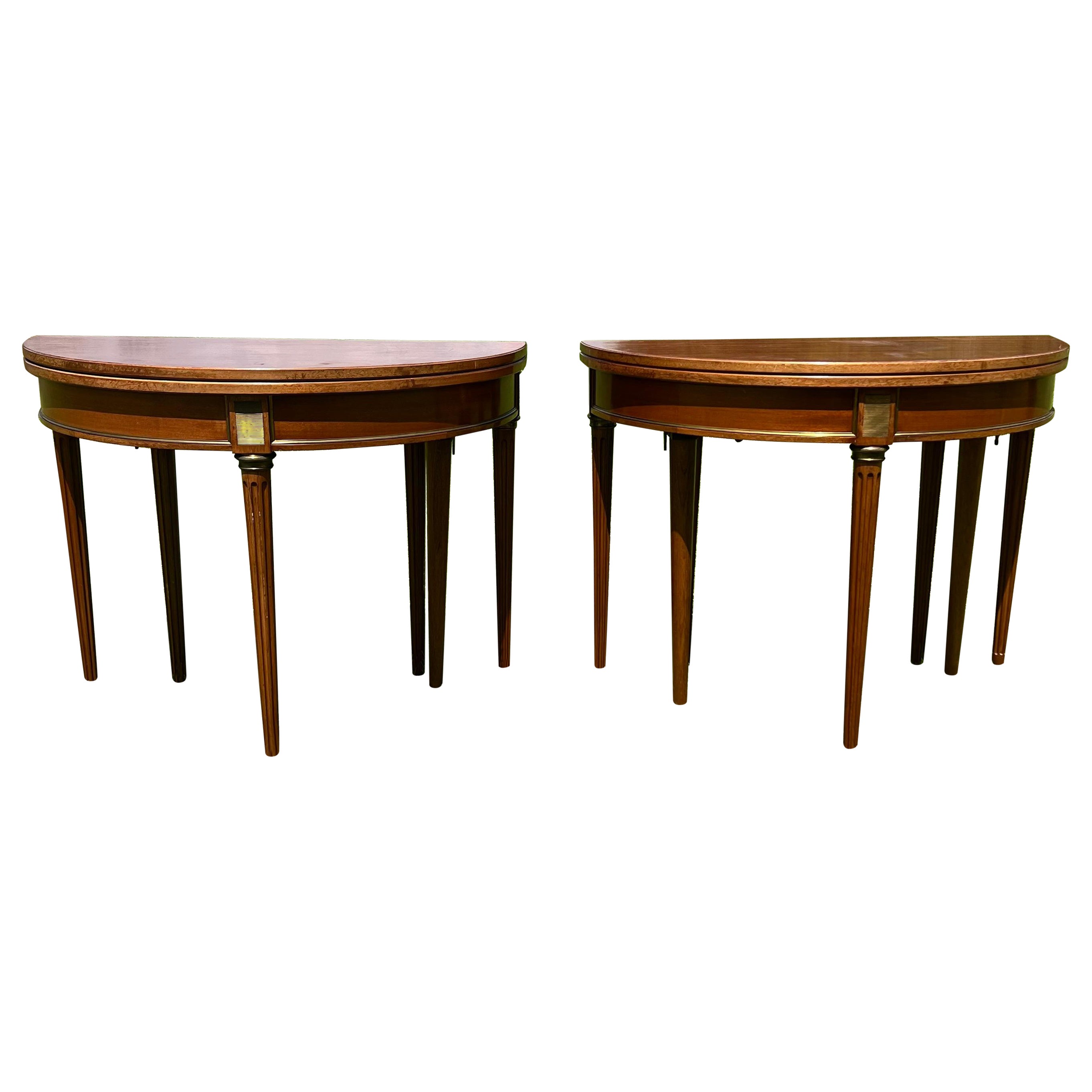 French 19th Century Louis XVI Pair of Mahogany Demilune Side Tables