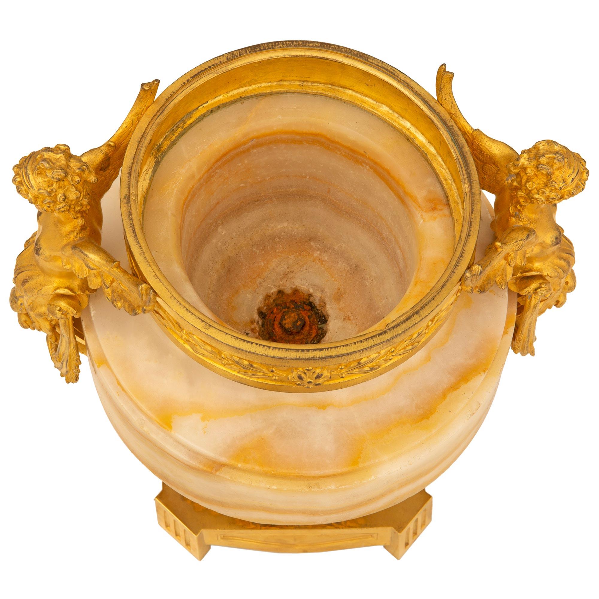 Une urne en onyx et en bronze doré de très haute qualité, de style Louis XVI et d'époque Belle Époque. L'urne est surélevée par une élégante base carrée en bronze doré, avec des coins coupés et cannelés, des côtés en forme d'arbalète, une bande