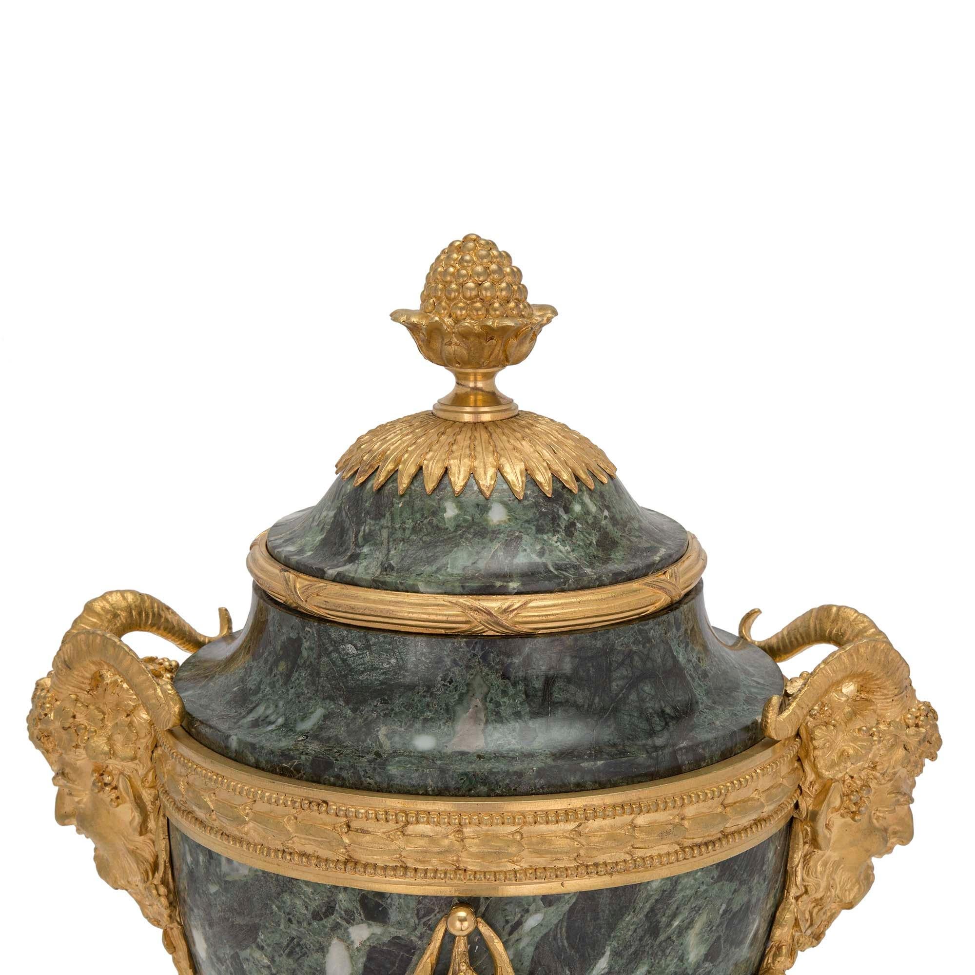 French 19th Century Louis XVI St. Belle Époque Period Vert Antique Marble Urns In Good Condition For Sale In West Palm Beach, FL