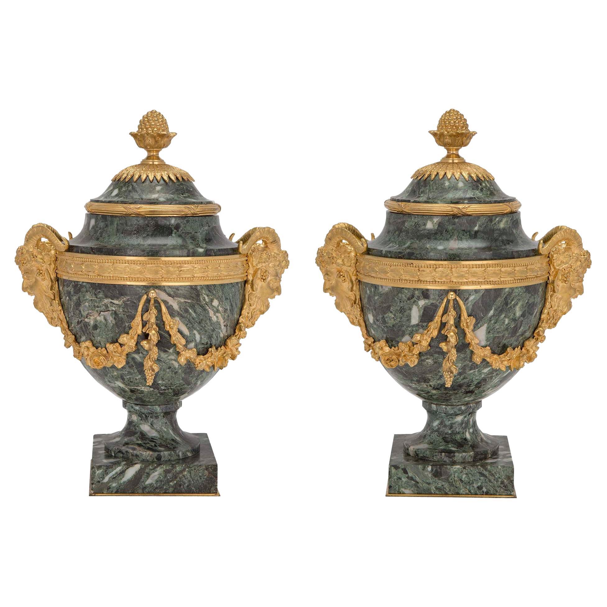 French 19th Century Louis XVI St. Belle Époque Period Vert Antique Marble Urns For Sale
