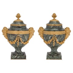 French 19th Century Louis XVI St. Belle Époque Period Vert Antique Marble Urns