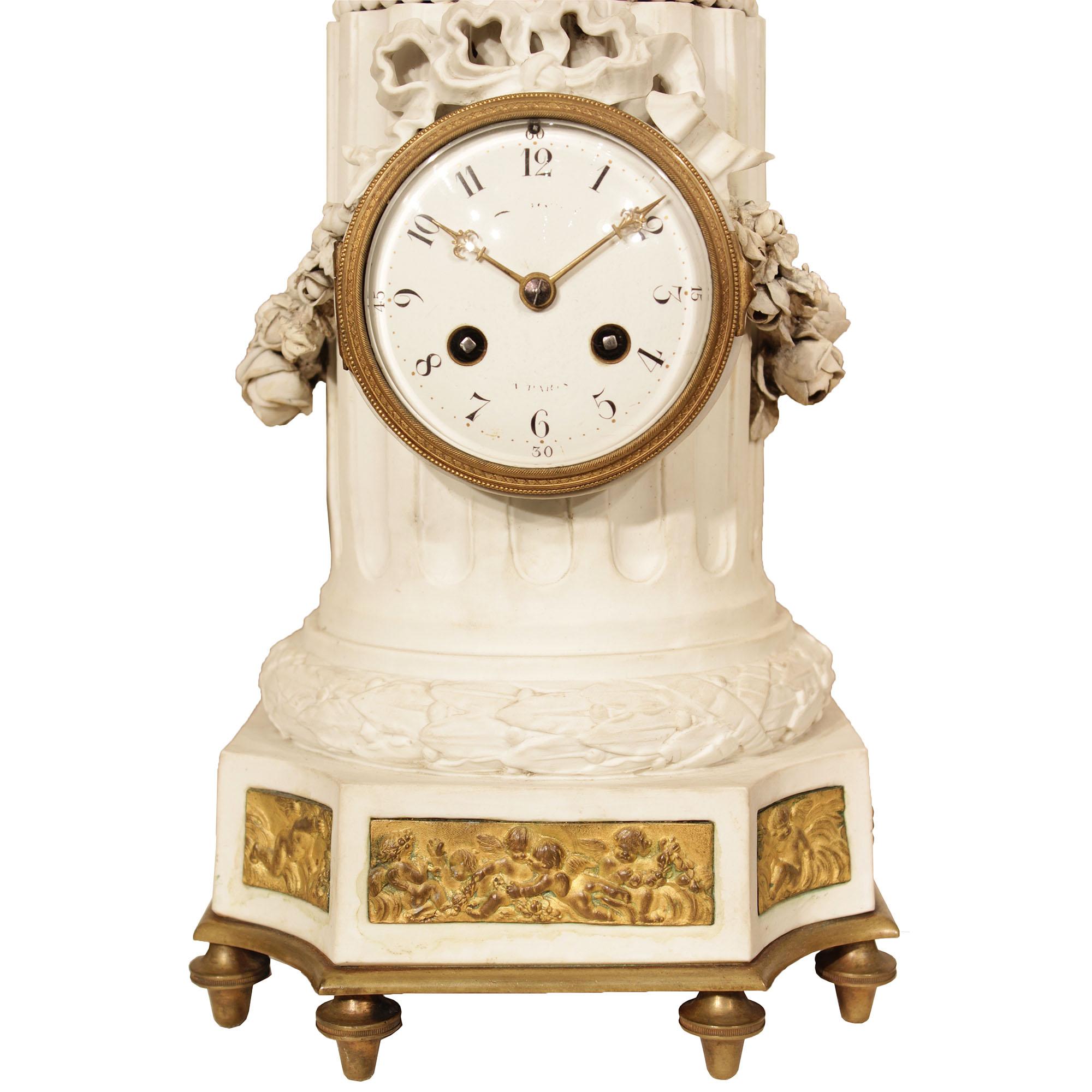 French 19th Century Louis XVI St. Biscuit De Sèvres Garniture Clock Set In Good Condition For Sale In West Palm Beach, FL