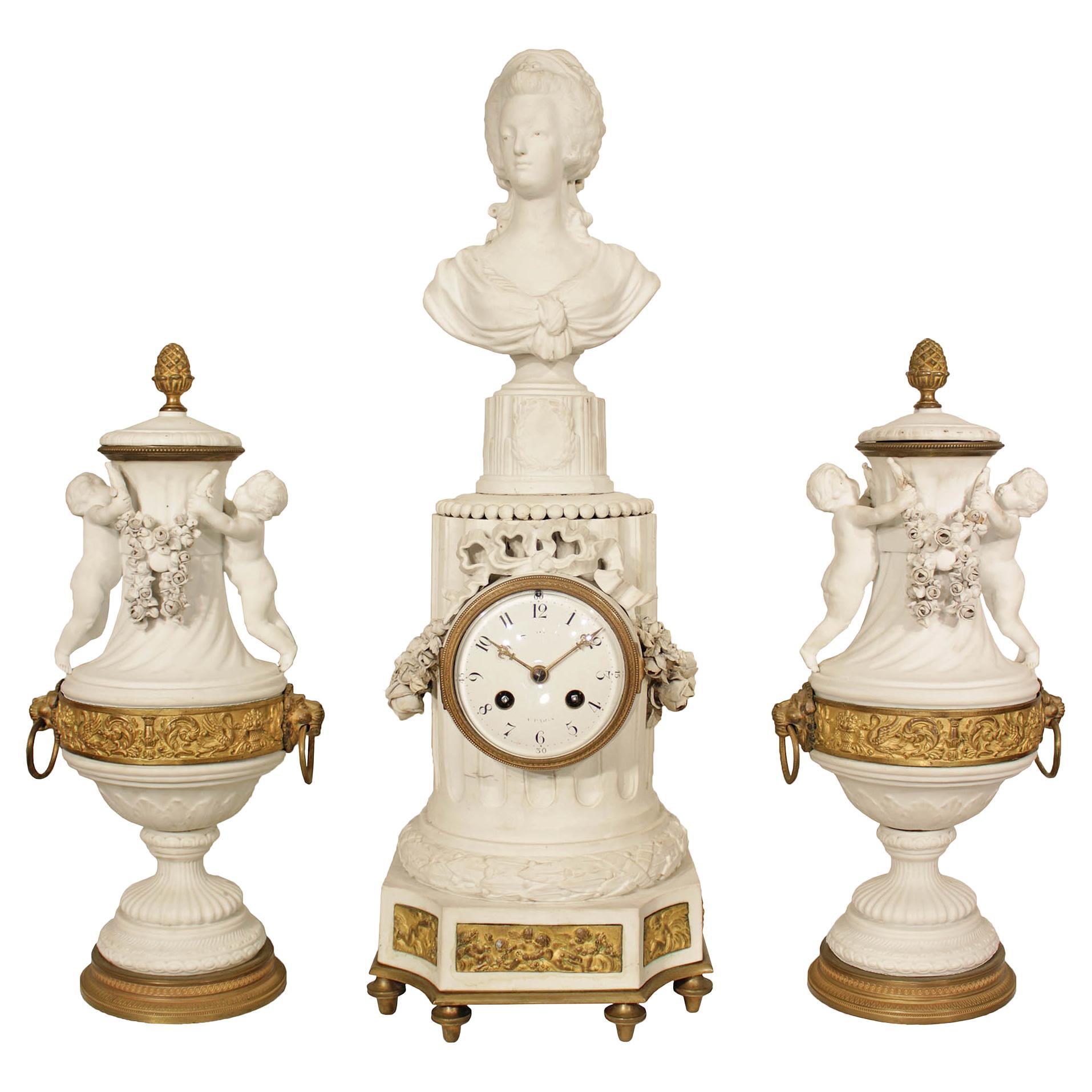 French 19th Century Louis XVI St. Biscuit De Sèvres Garniture Clock Set For Sale