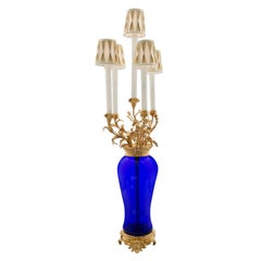 French 19th Century Louis XVI St. Blue Glass and Ormolu Candelabra Lamp