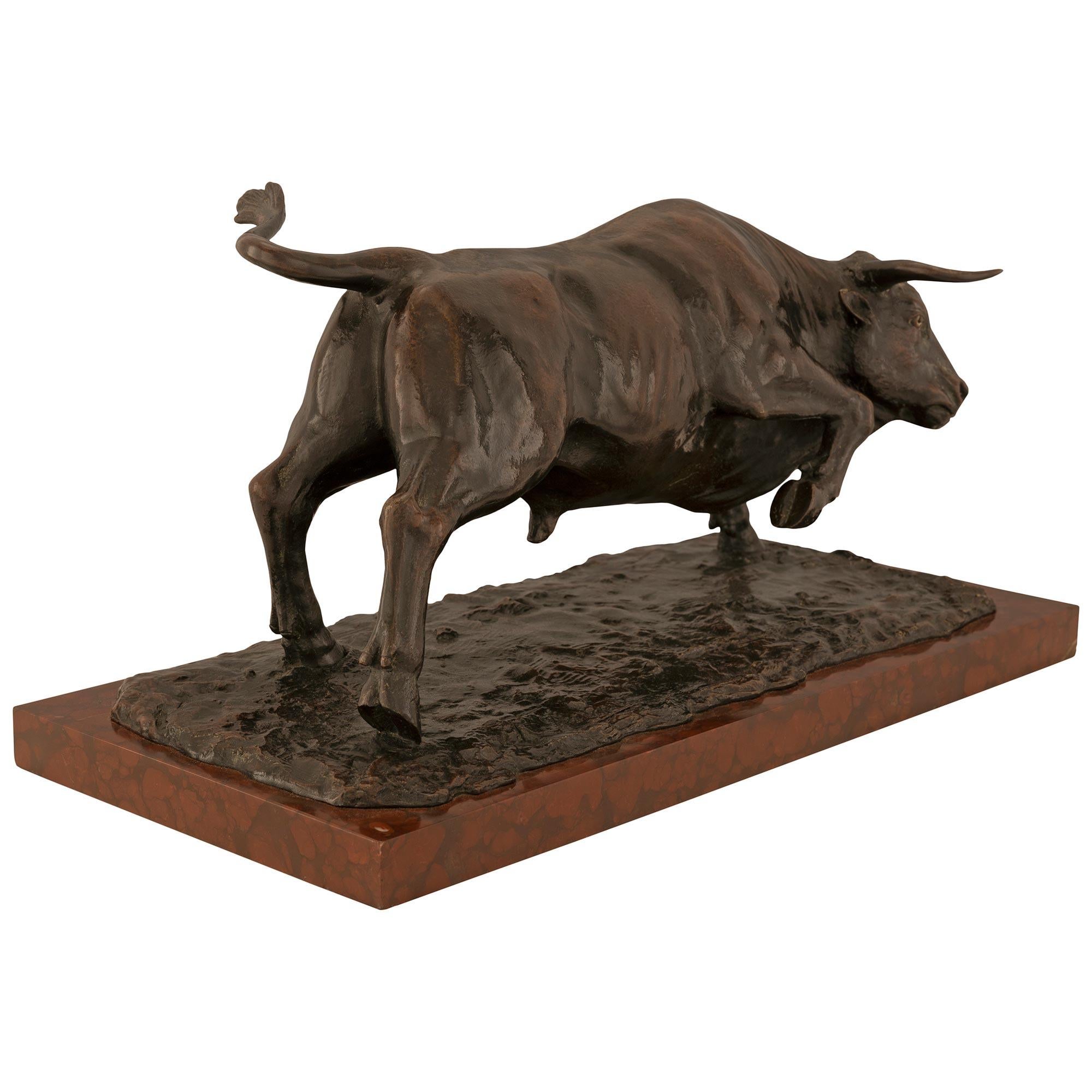 Patinated French 19th Century Louis XVI St. Bronze and Marble Statue of a Bull For Sale