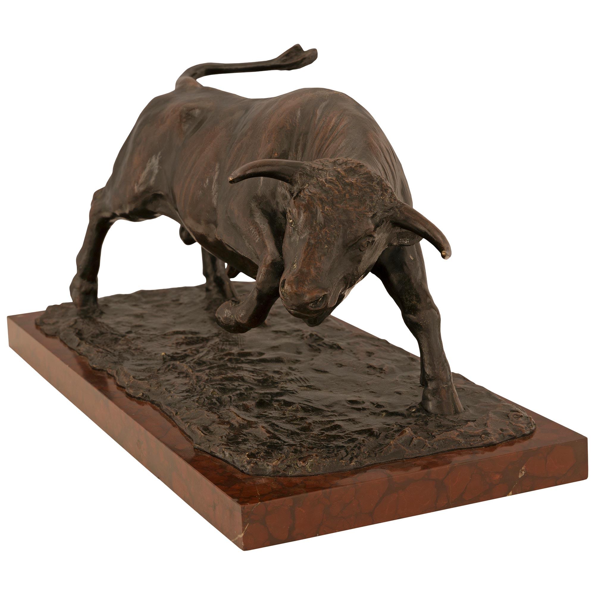 French 19th Century Louis XVI St. Bronze and Marble Statue of a Bull In Good Condition For Sale In West Palm Beach, FL
