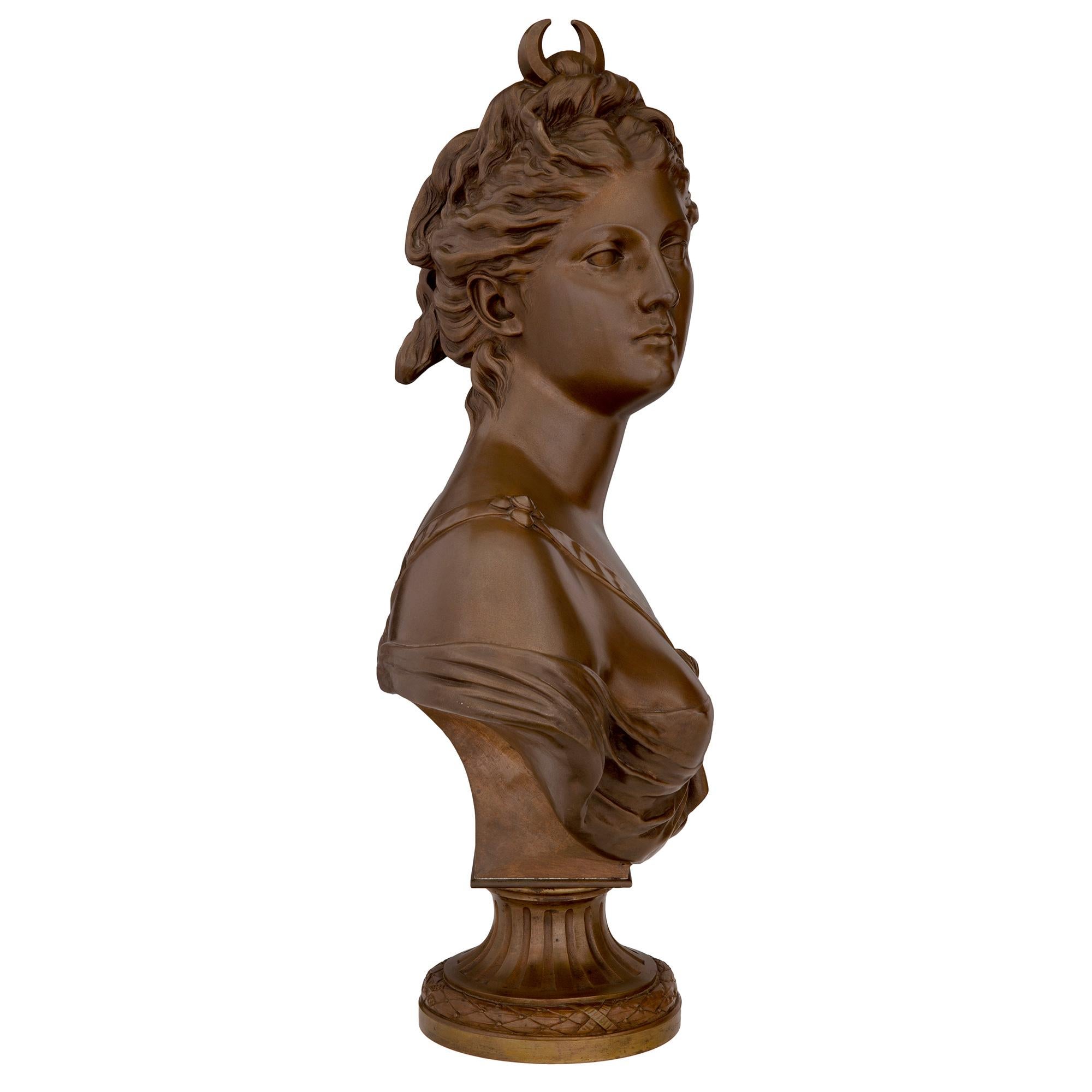 Patinated French 19th Century Louis XVI St. Bronze Bust of Diana the Huntress For Sale