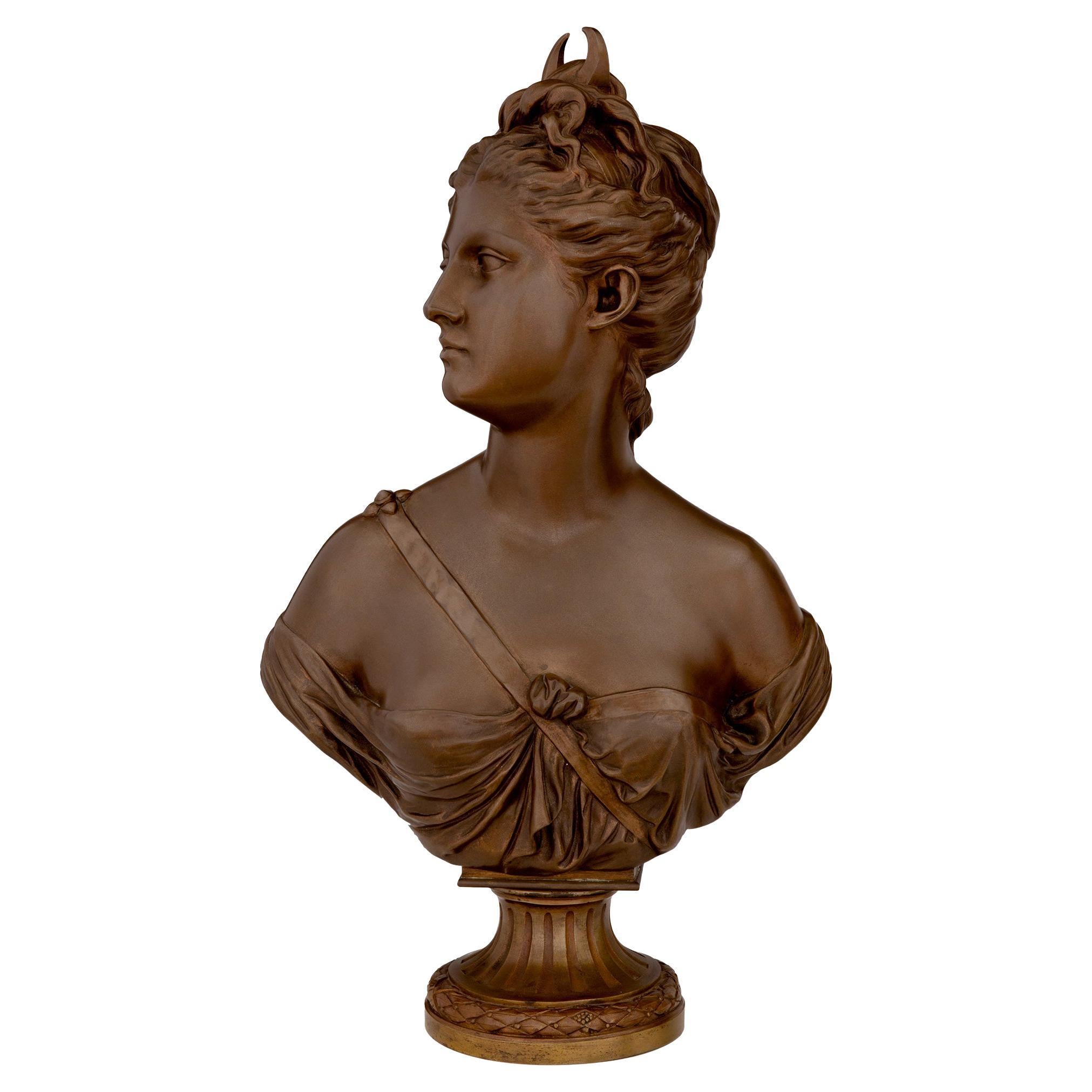 French 19th Century Louis XVI St. Bronze Bust of Diana the Huntress