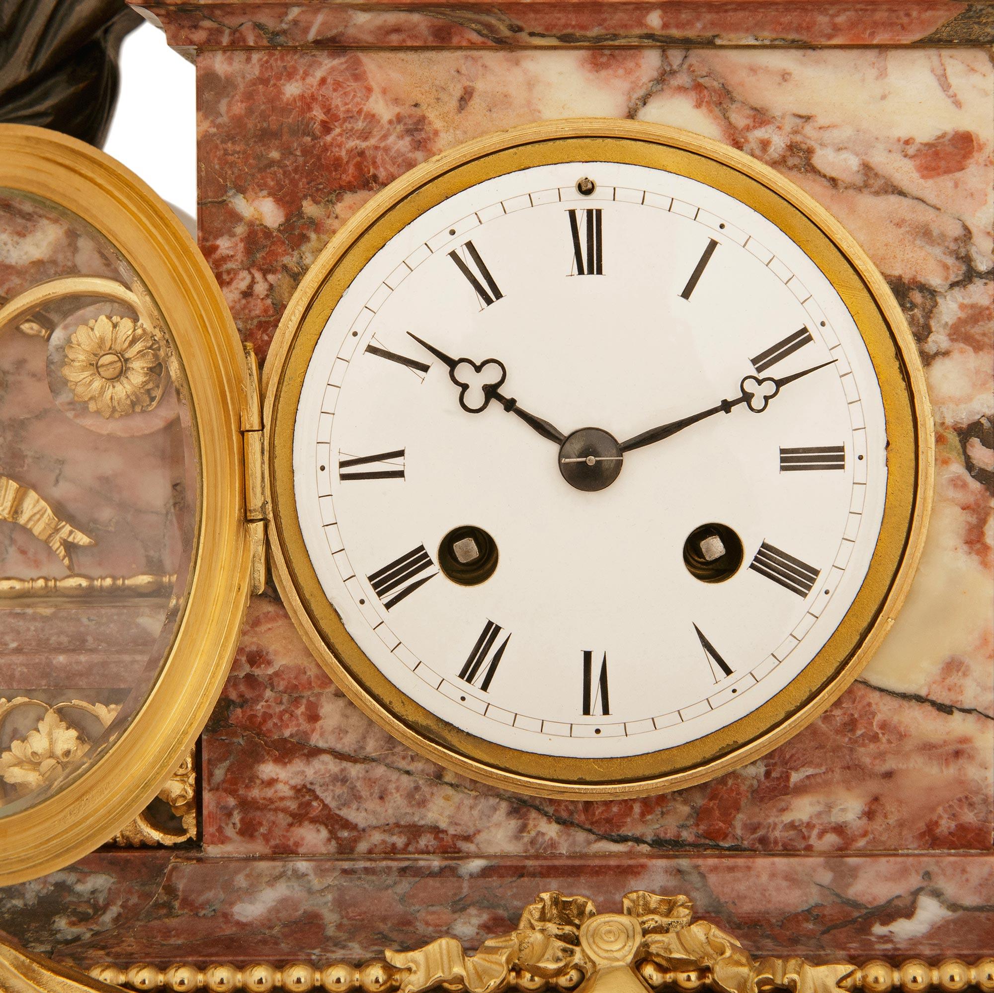 French 19th century Louis XVI st. Bronze, Marble and Ormolu clock set For Sale 8