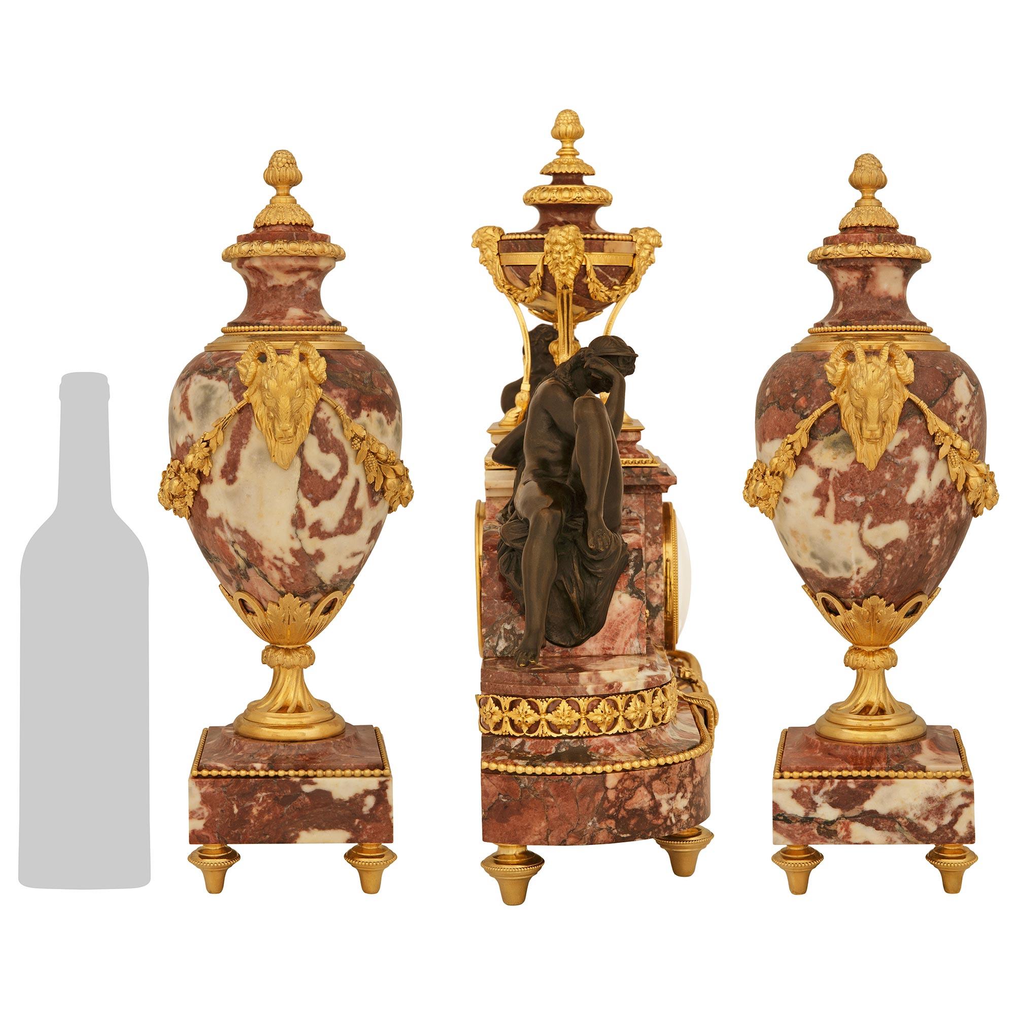 French 19th century Louis XVI st. Bronze, Marble and Ormolu clock set In Good Condition For Sale In West Palm Beach, FL