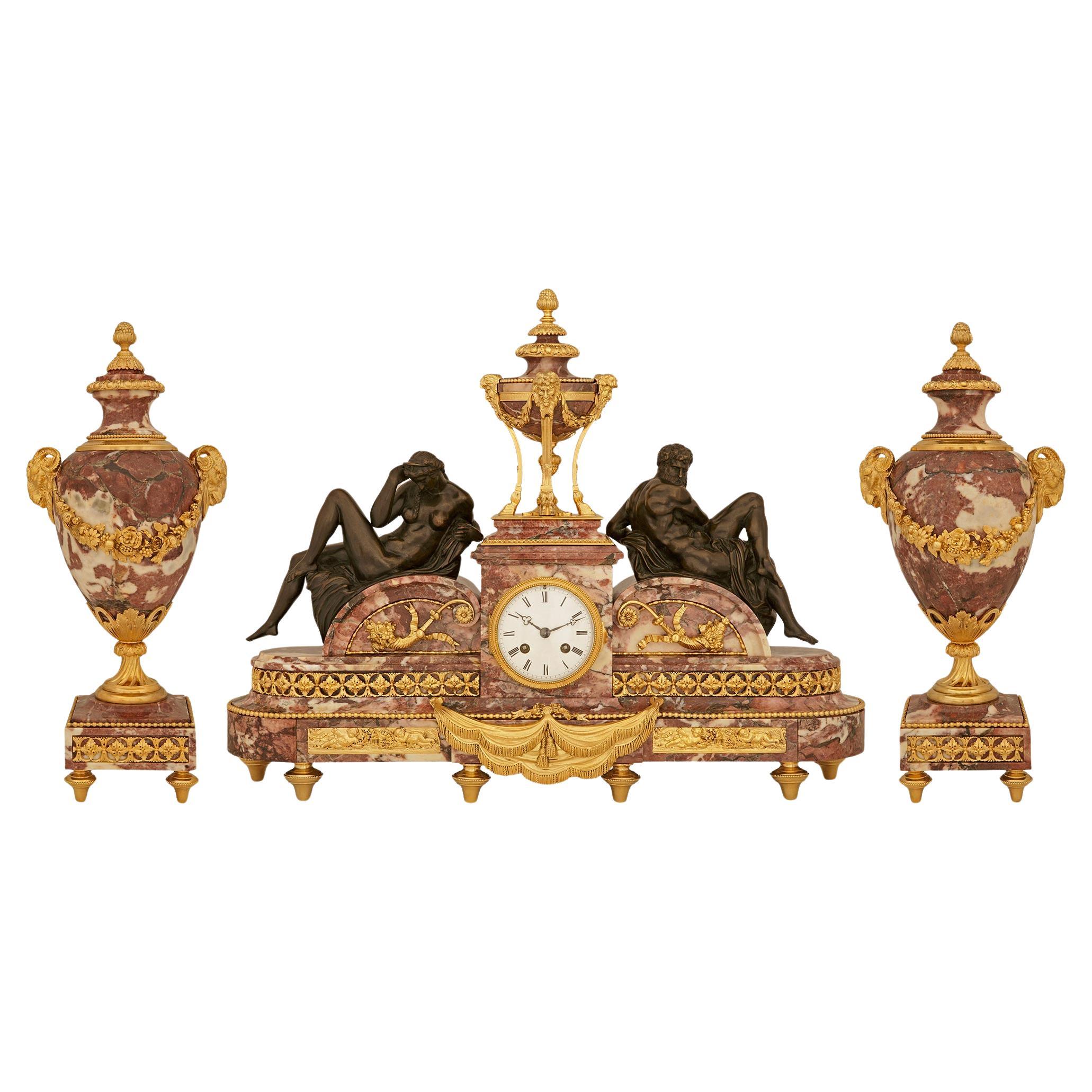 French 19th century Louis XVI st. Bronze, Marble and Ormolu clock set