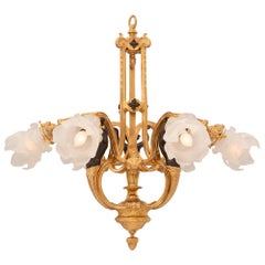 French 19th Century Louis XVI St. Bronze, Ormolu and Frosted Glass Chandelier