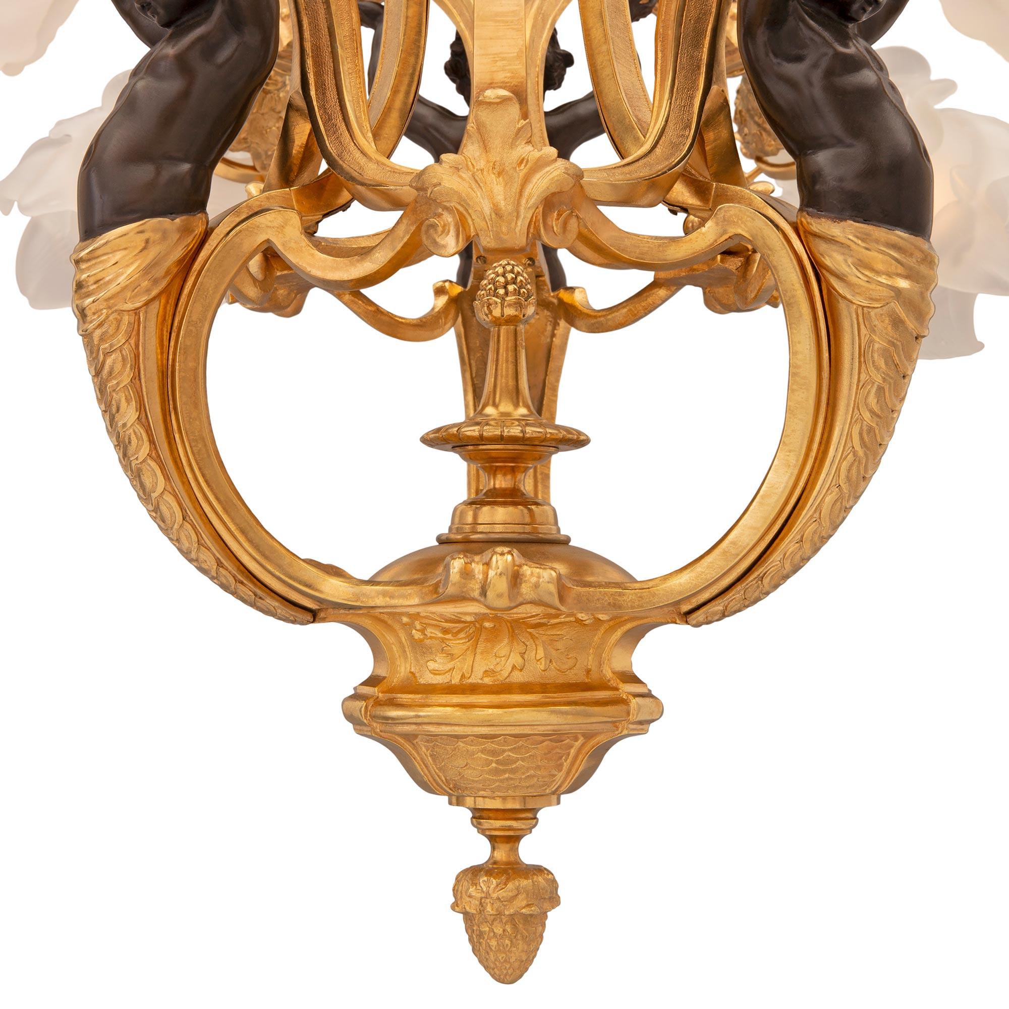 French 19th Century Louis XVI St. Bronze, Ormolu and Frosted Glass Chandelier For Sale 3