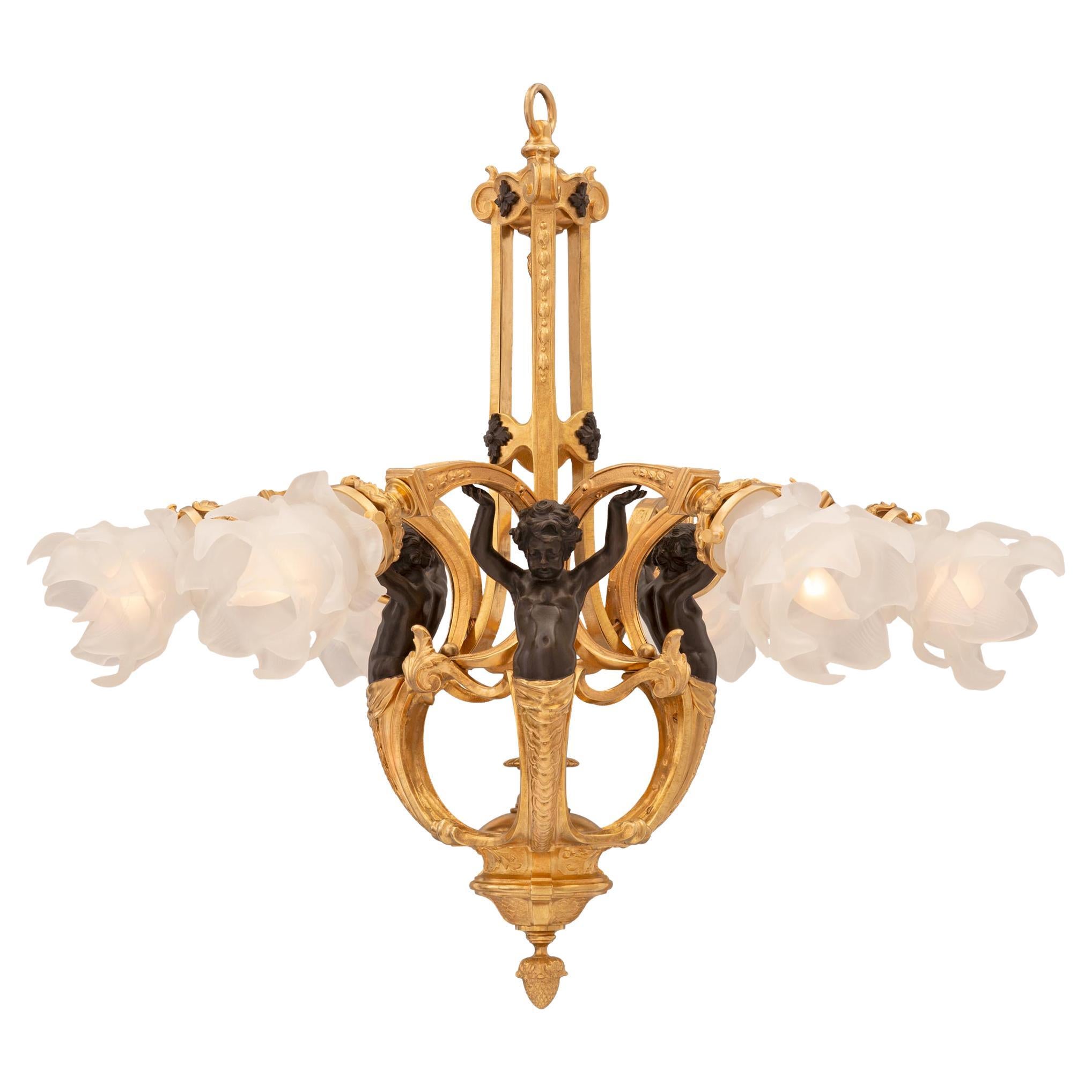 French 19th Century Louis XVI St. Bronze, Ormolu and Frosted Glass Chandelier For Sale