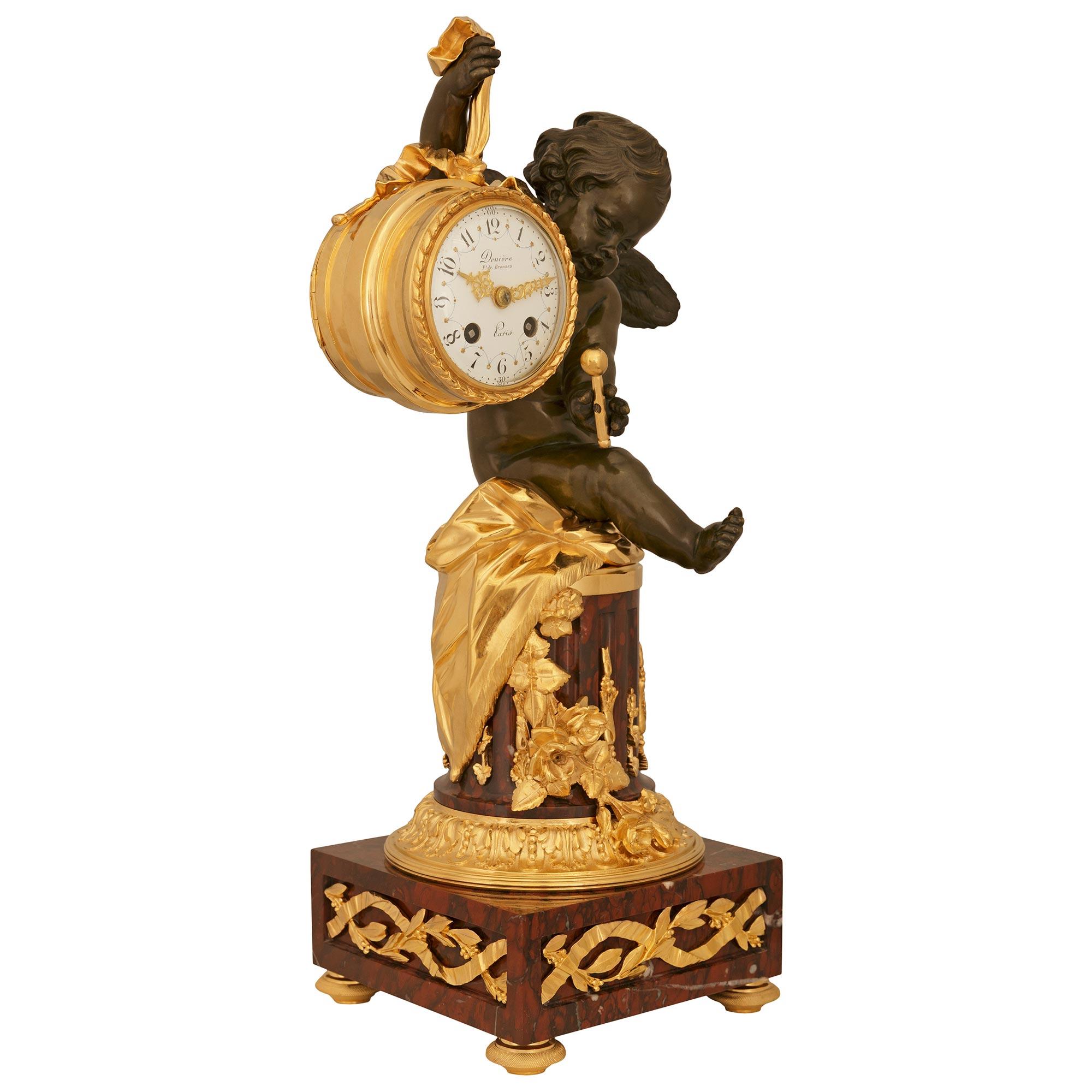 French 19th century Louis XVI st. Bronze, Ormolu and Marble Clock, by Denière In Good Condition For Sale In West Palm Beach, FL