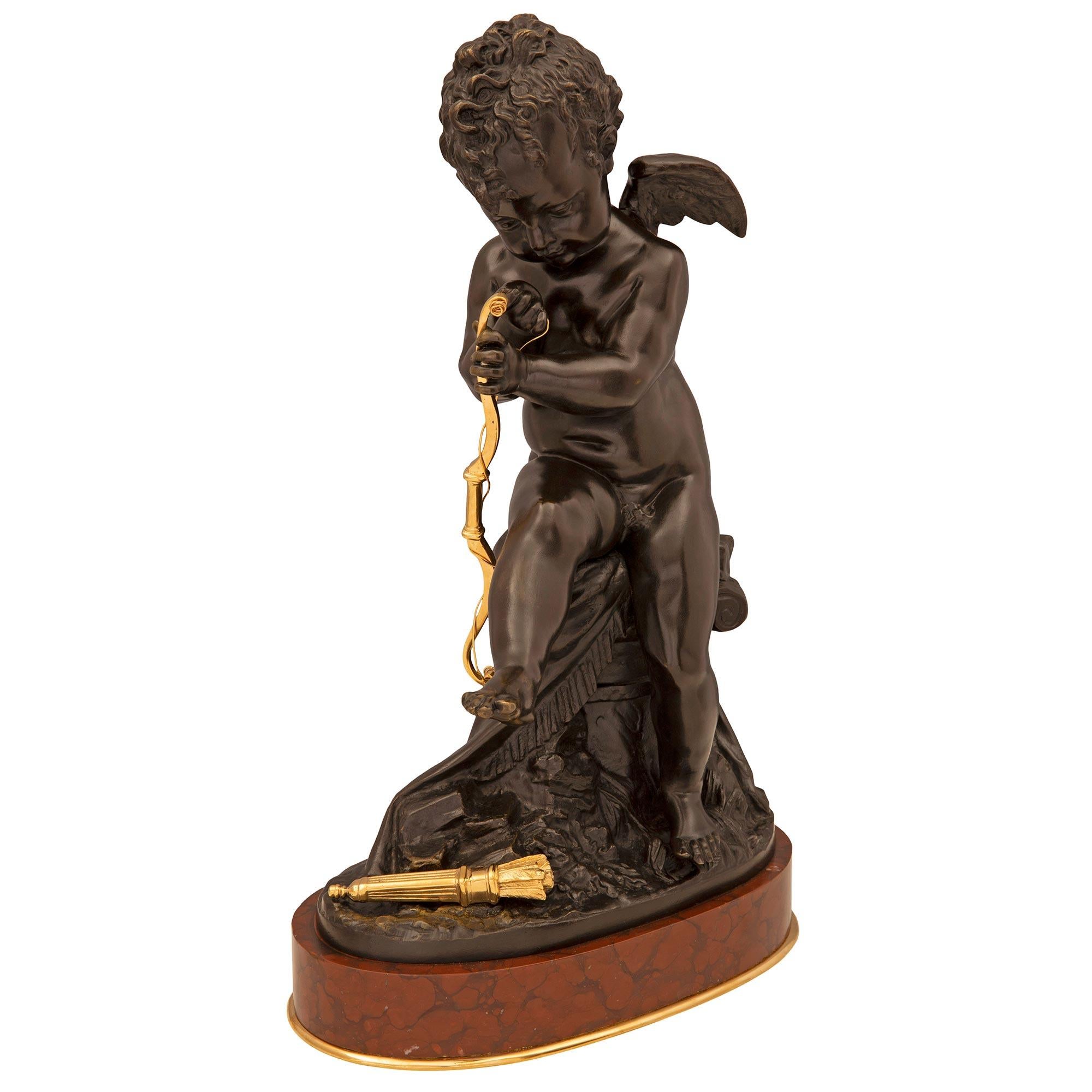 Patinated French 19th Century Louis XVI St. Bronze, Ormolu and Marble Statue of a Cherub For Sale