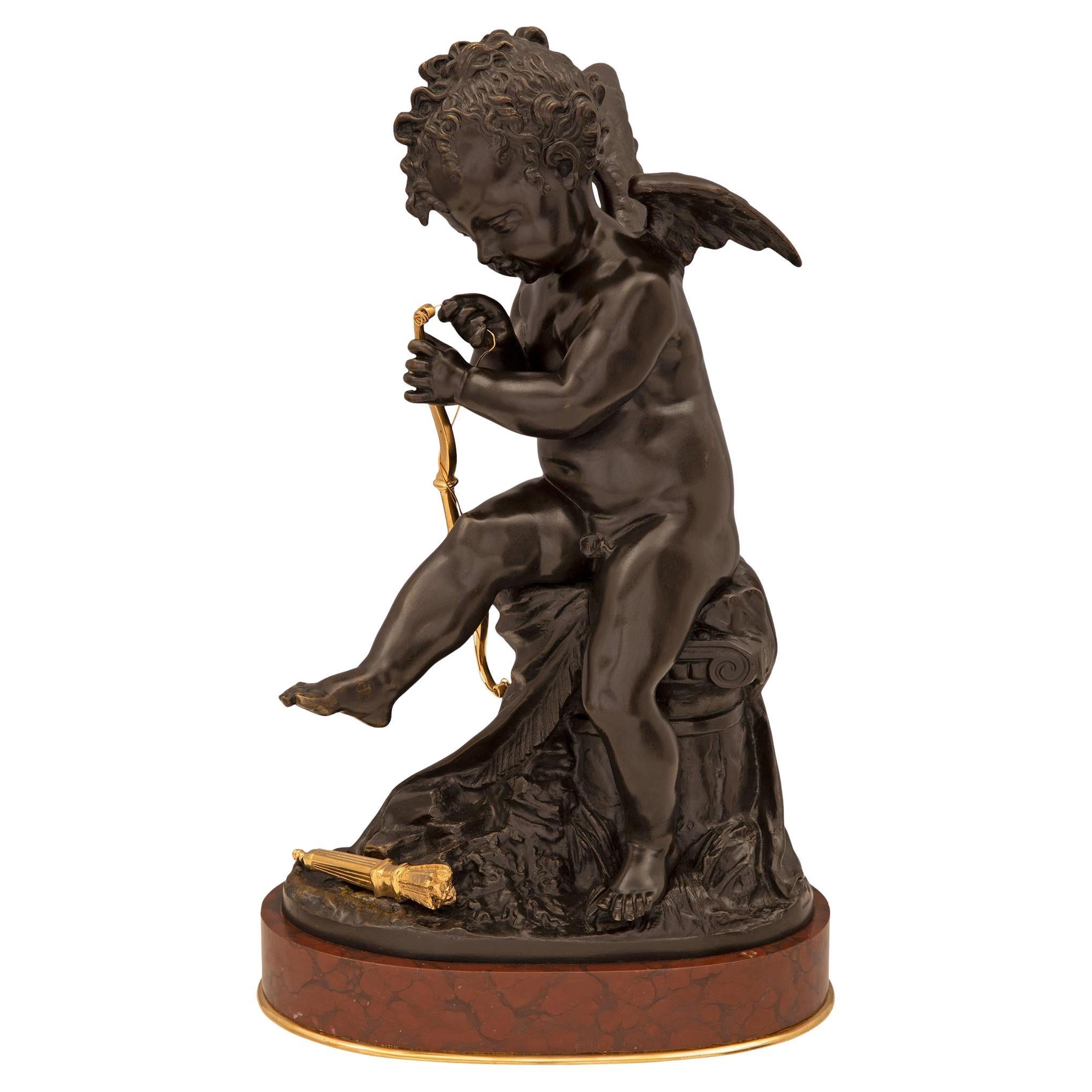 French 19th Century Louis XVI St. Bronze, Ormolu and Marble Statue of a Cherub For Sale