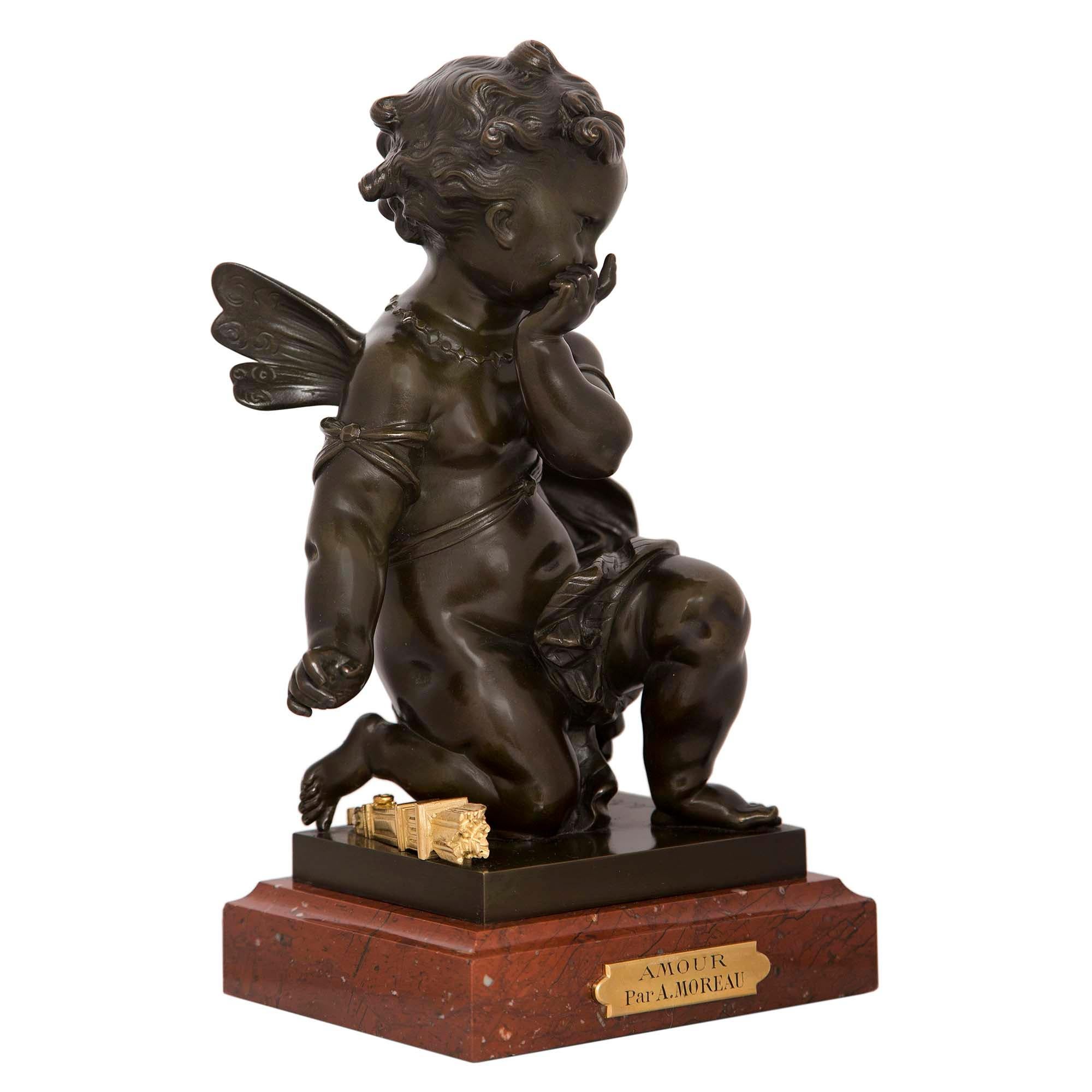 19th Century French 19th century Louis XVI st. Bronze, Ormolu and marble statue titled Amour For Sale