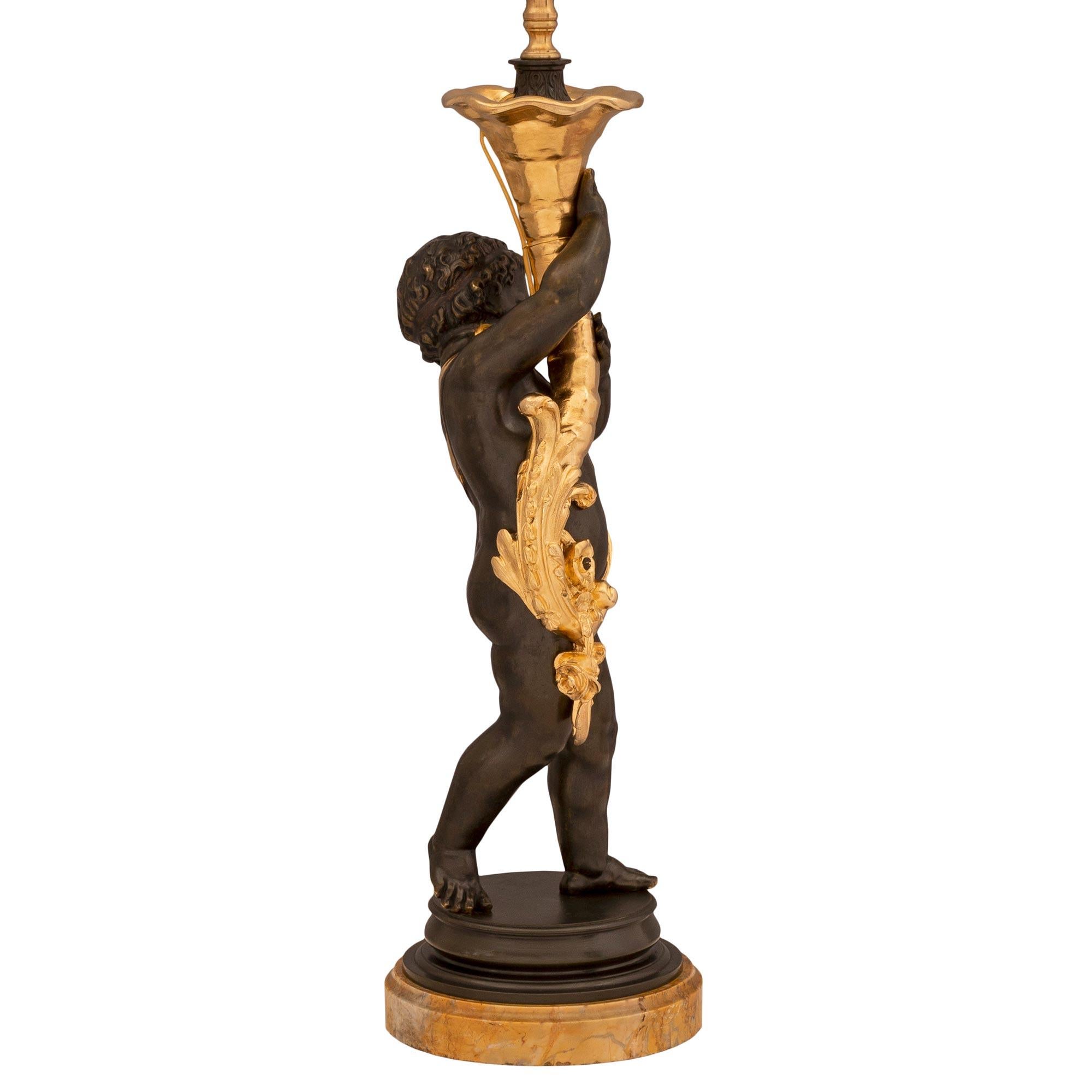 Patinated French 19th Century Louis XVI St. Bronze, Ormolu and Sienna Marble Lamp For Sale