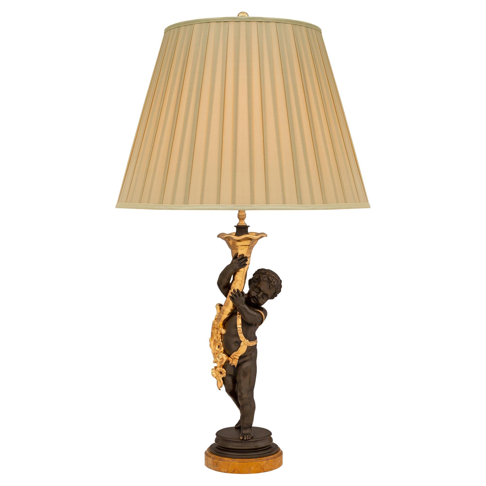 French 19th Century Louis XVI St. Bronze, Ormolu and Sienna Marble Lamp For Sale