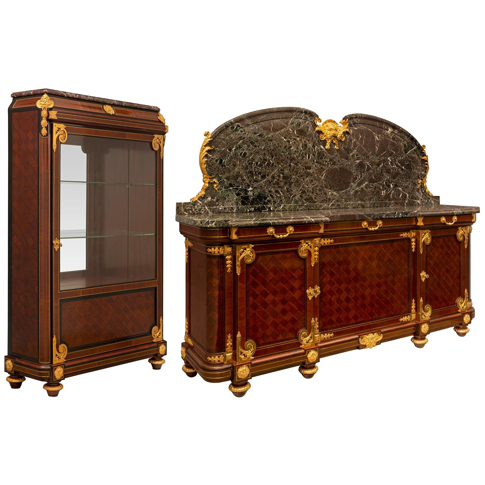 Ormolu French 19th Century Louis XVI St. Buffet and Matching Vitrine Cabinets For Sale