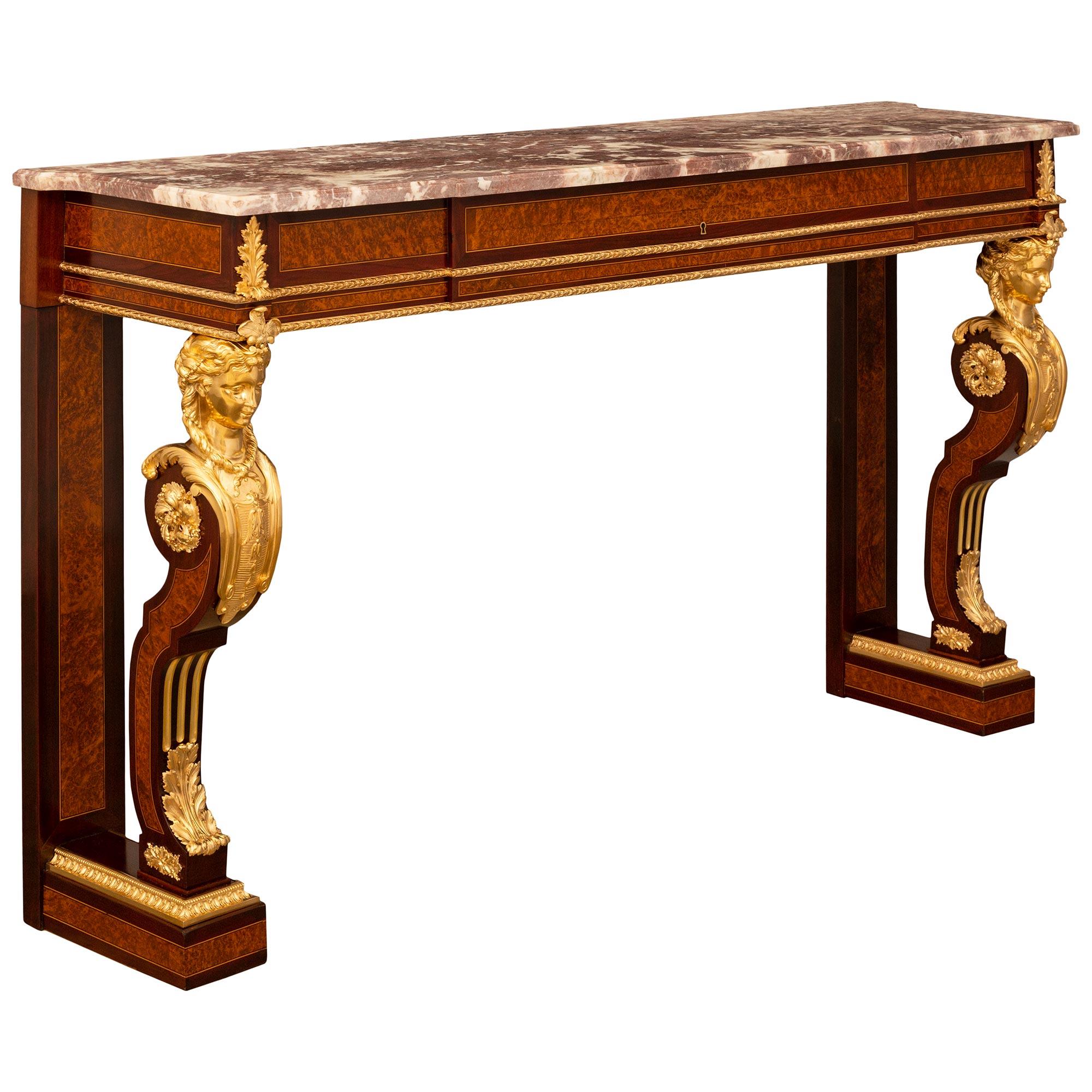 French 19th Century Louis XVI St. Burl Wood, Mahogany, Ormolu And Marble Console In Good Condition For Sale In West Palm Beach, FL